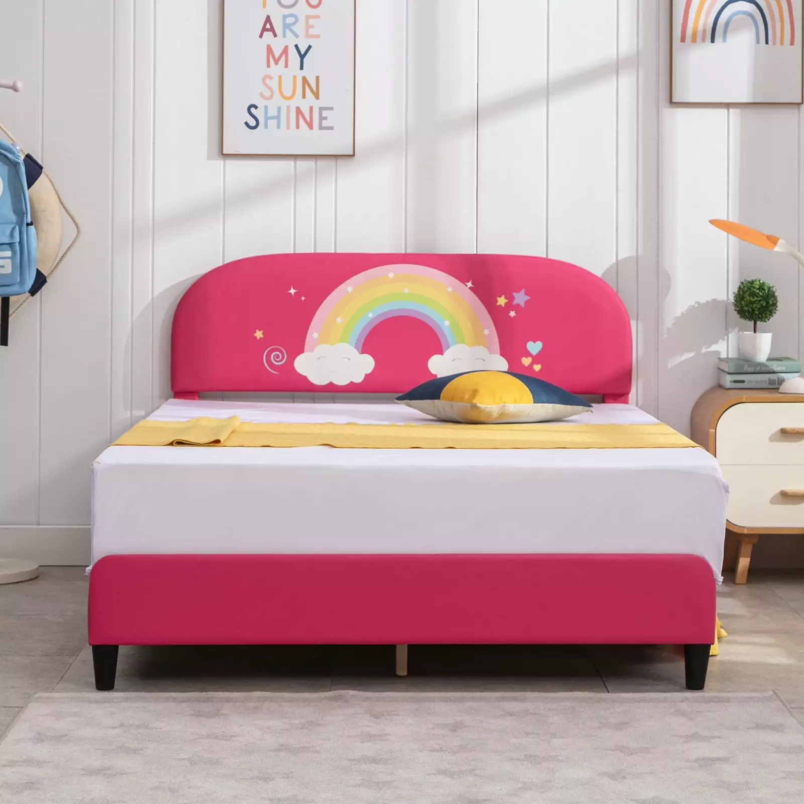 MUZZ Twin Size Kids Bed Frame, Pink Princess Faux Leather Platform Bed Curved Headboard