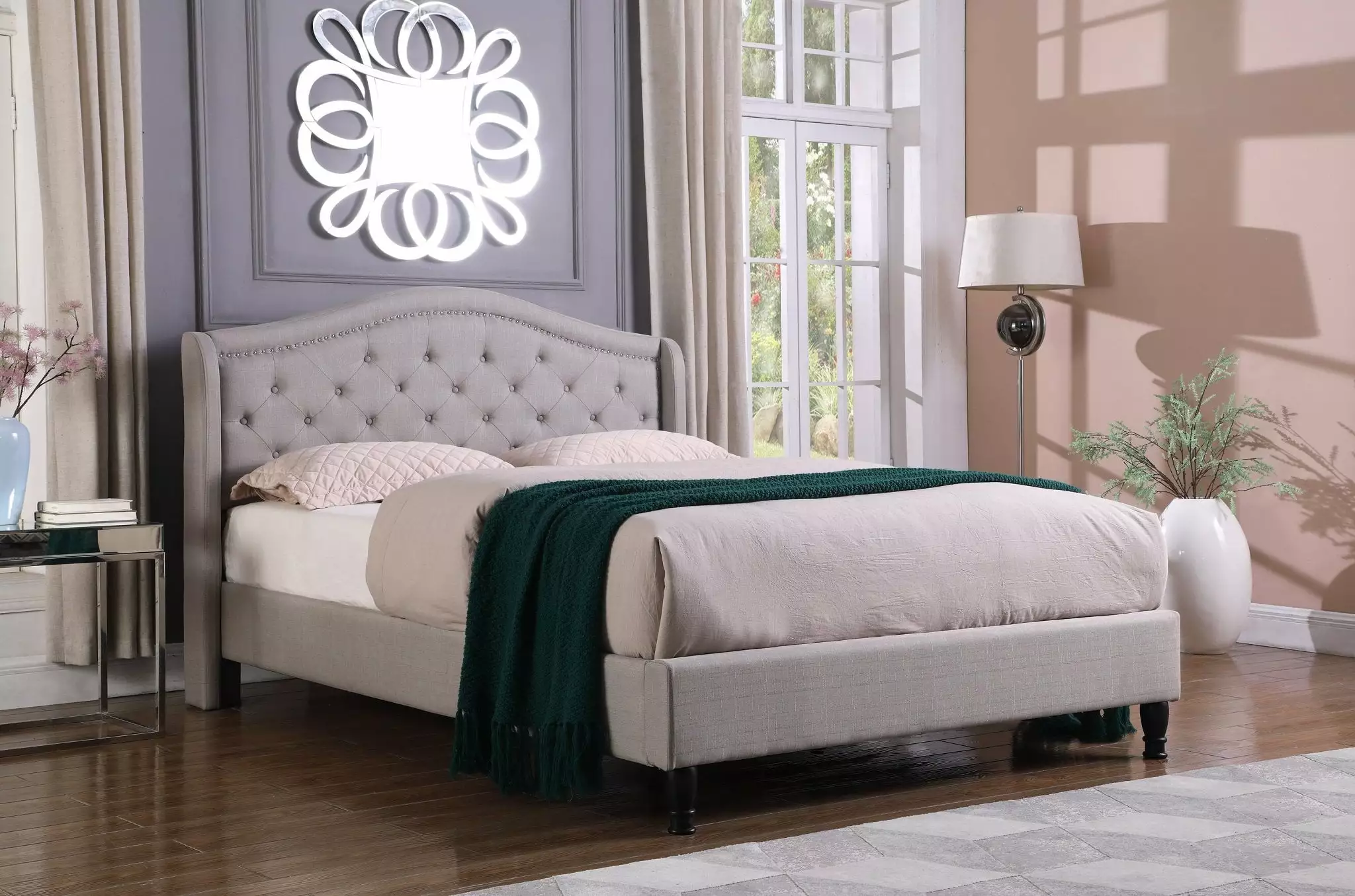 HomeLife 53 Light Grey Curved Diamond Tufted Headboard Platform Bed Modern Bedroom Furniture OLIVER & SMITH SINCE 1921