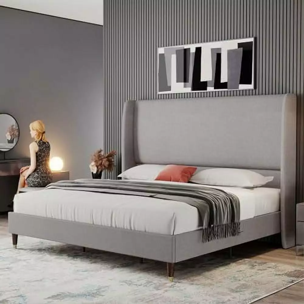 PaPaJet Full Platform Bed Frame 51.2 High Headboard Tall Upholstered Bed Light Grey No Box Spring Needed