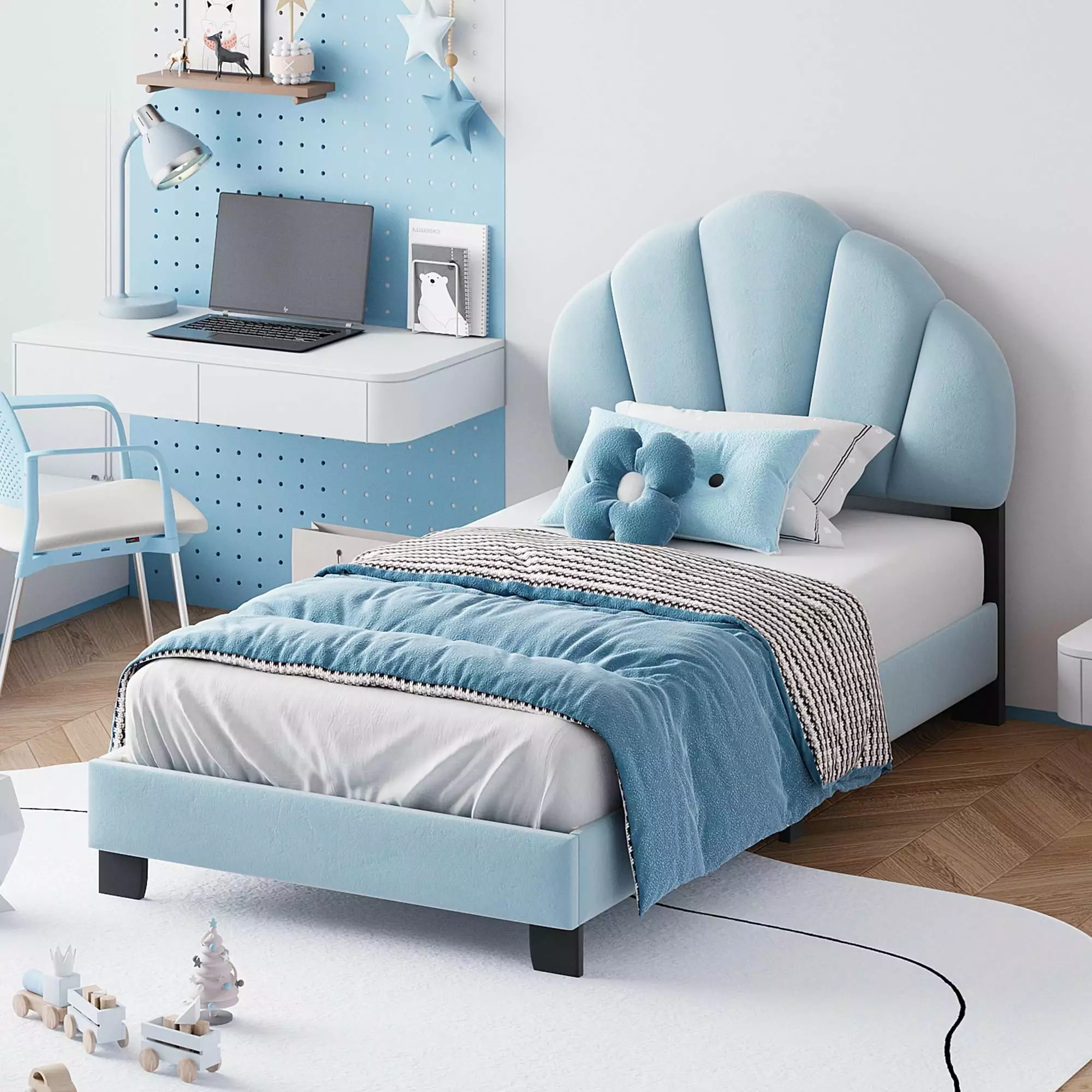 PAPROOS Upholstered Twin Bed Frame Shell-Shaped Headboard Blue Velvet Platform Bed