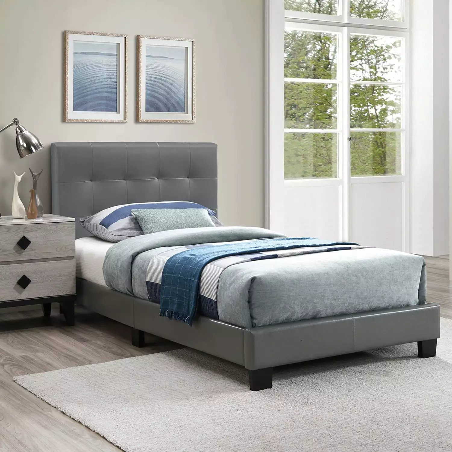 Poundex F9567T Upholstered Bed Frame - Twin Size Gray Faux Leather Bed Slats