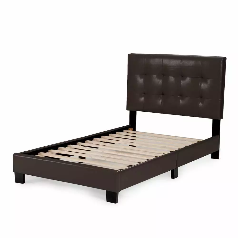 Poundex Twin Size Upholstered Bed Frame Slats Brown Faux Leather