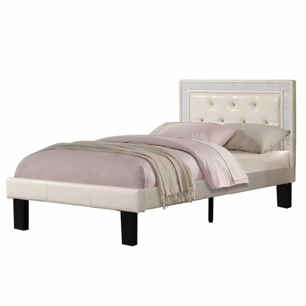Twin Size Bed High Headboard White - Modern Upholstered Twin Bed Frame Poundex