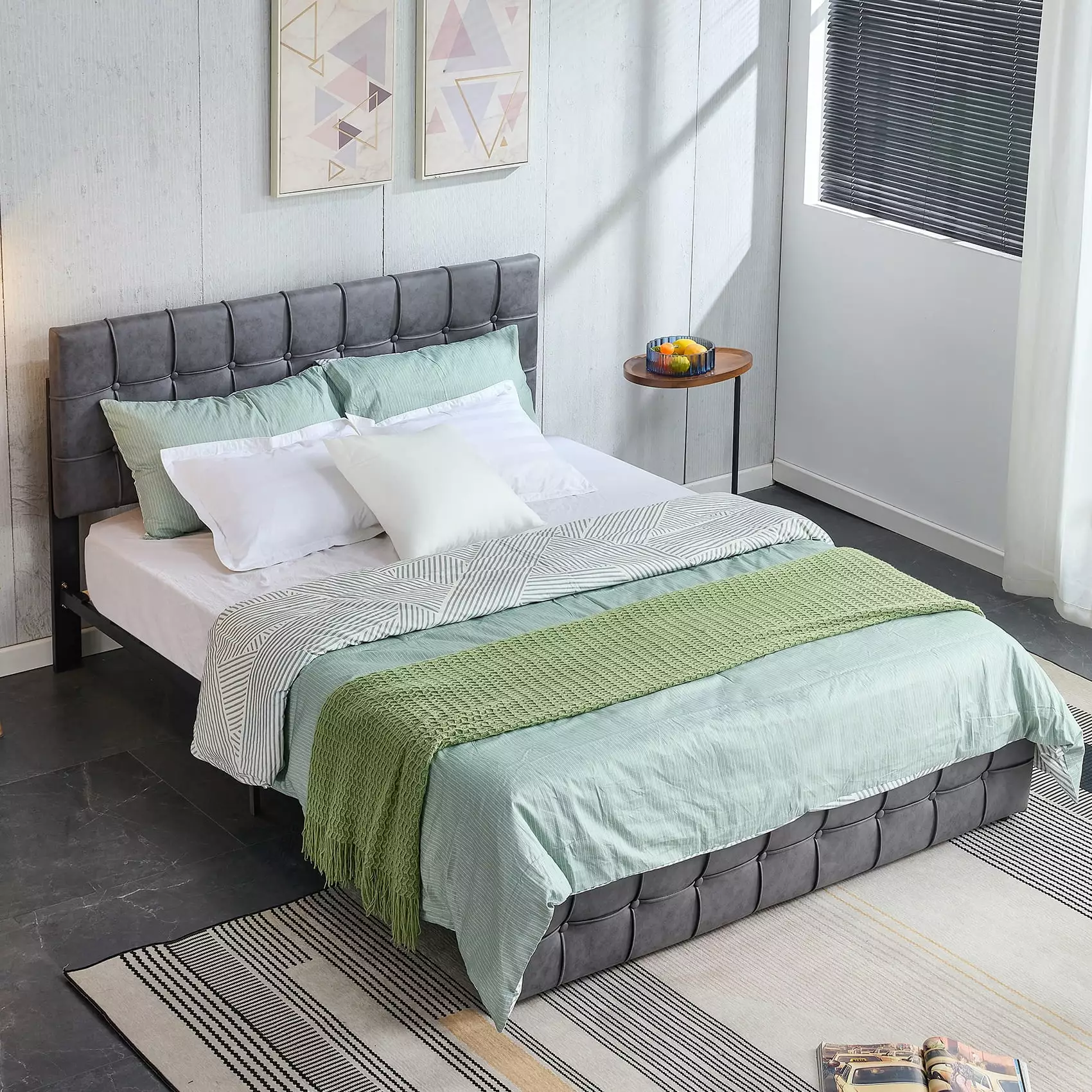 SEGMART Full Size Upholstered Platform Bed Frame Headboard Gray