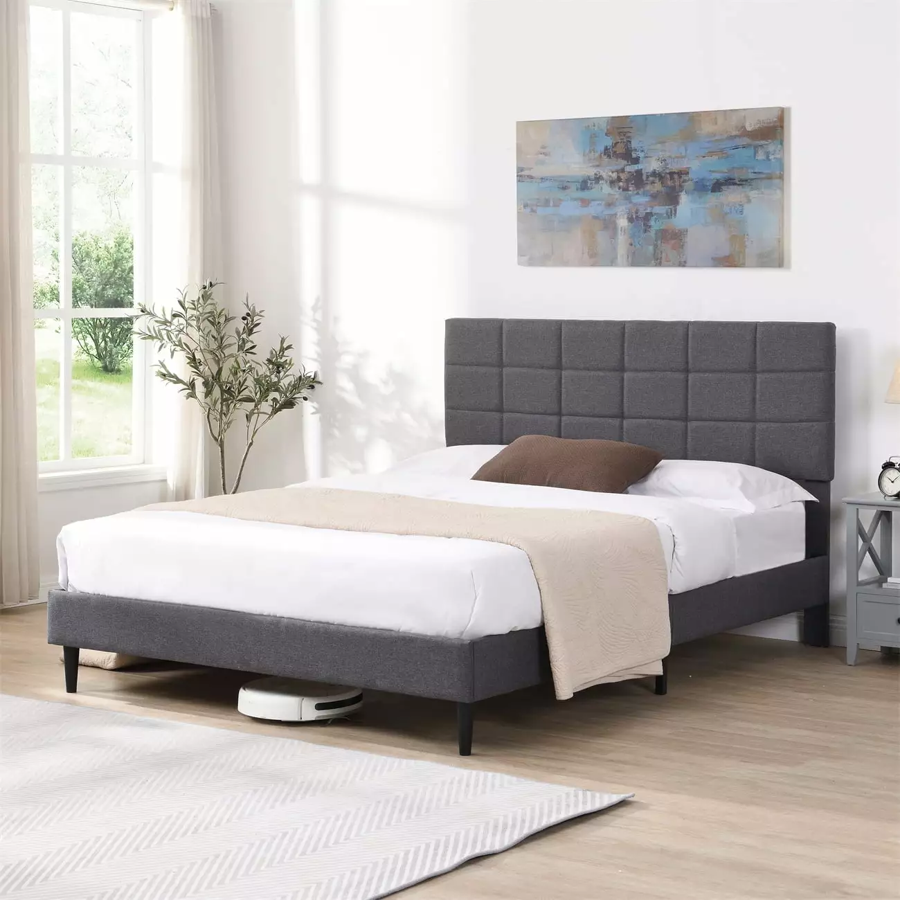 SEGMART Queen Size Bed Frame Upholstered Headboard Square Stitched Button Tufted No Box Spring Needed Grey