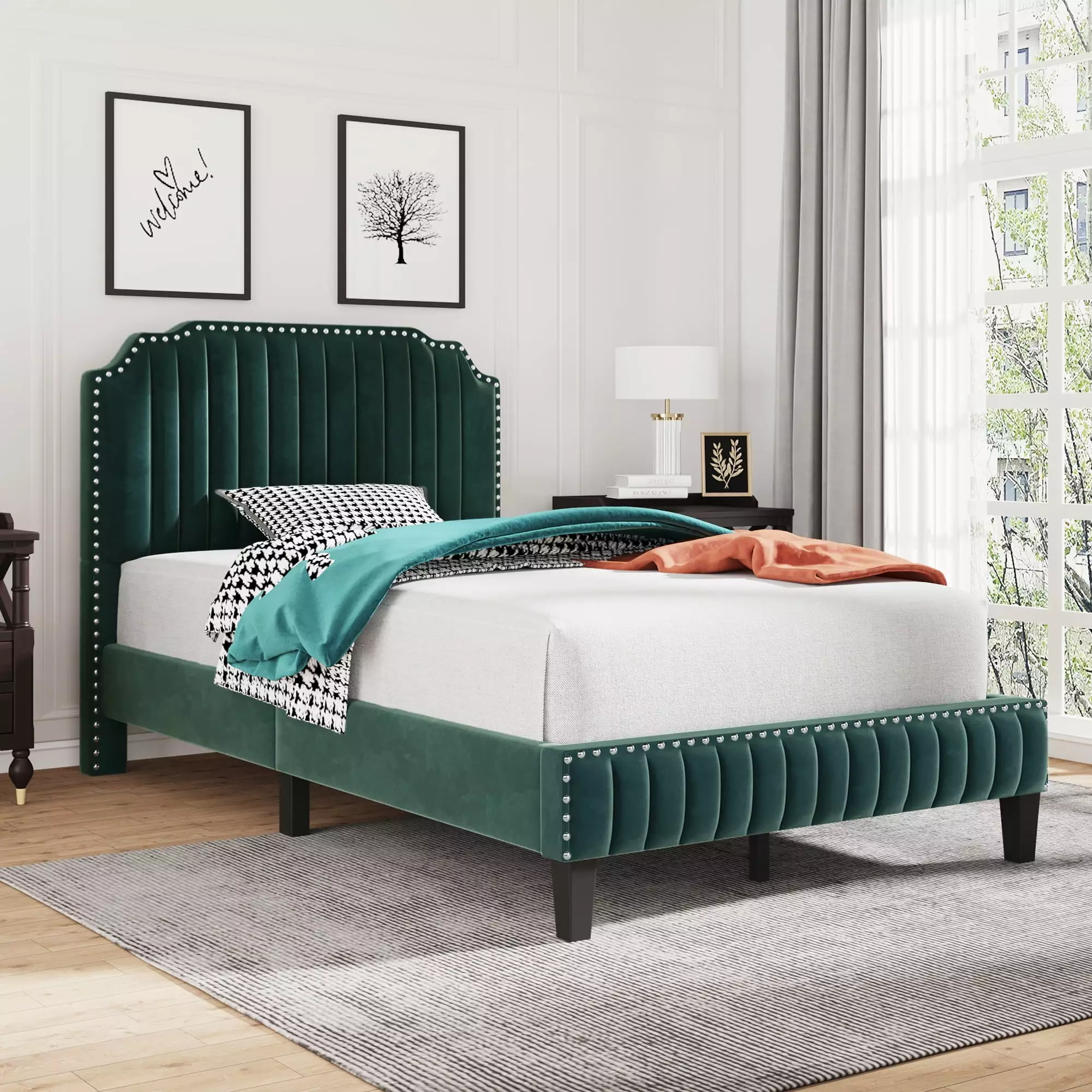 SESSLIFE Full Bed Frame Upholstered Platform Bed Nailhead Trim Headboard Solid Pine Wood Frame Holds 450lbs