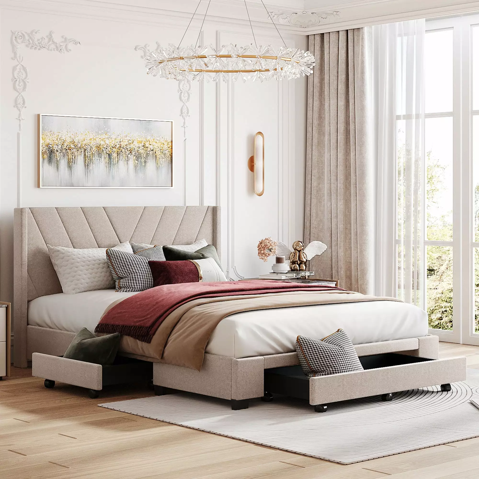 Sesslife Queen Bed Frame Storage New Upgraded Linen Upholstered Platform Bed 3 Drawers Headboard and Wooden Slats No Box S...