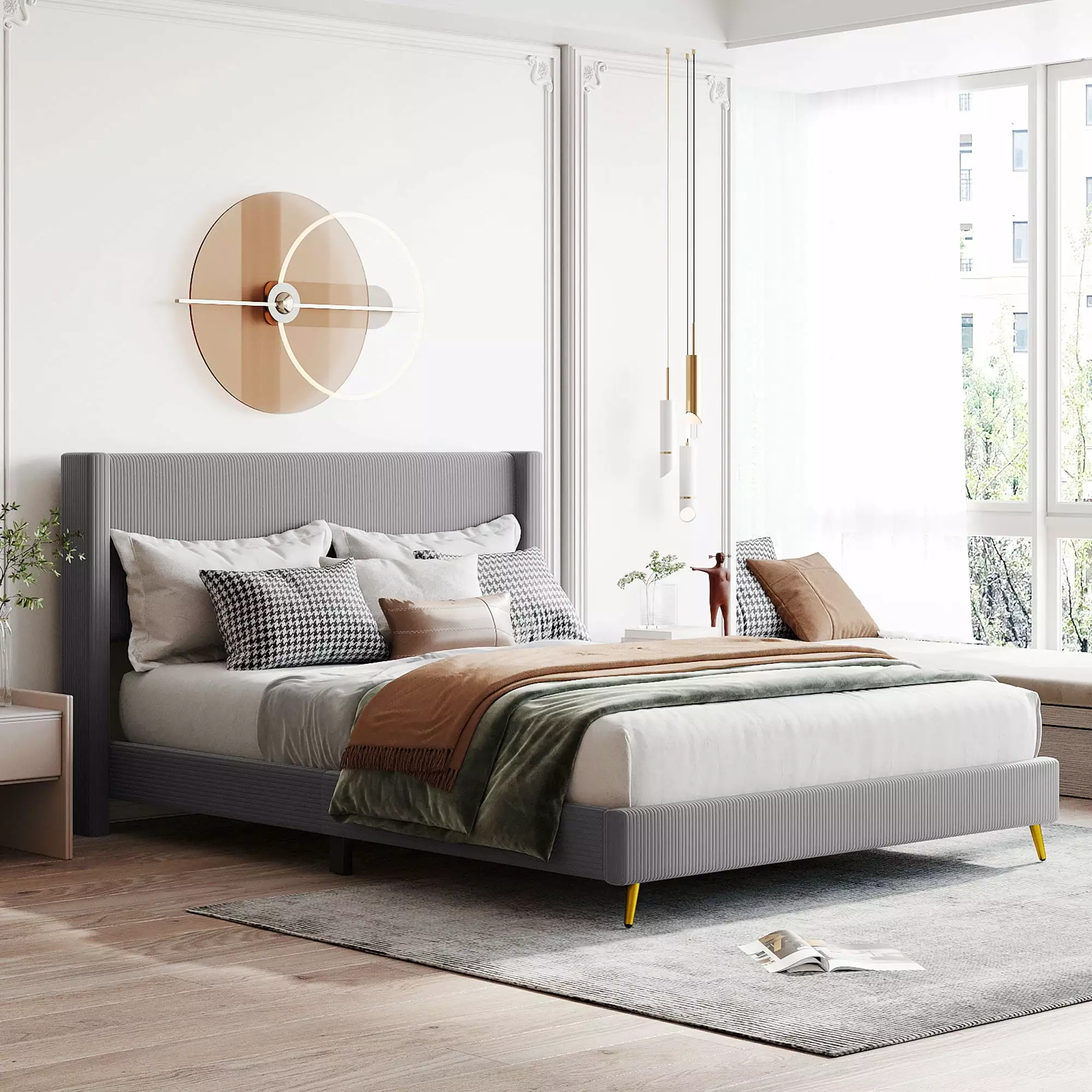 Sesslife Queen Size Corduroy Upholstered Platform Bed Heavy Duty Bed Frame Headboard and Metal Legs Strong Wooden Slats Su...