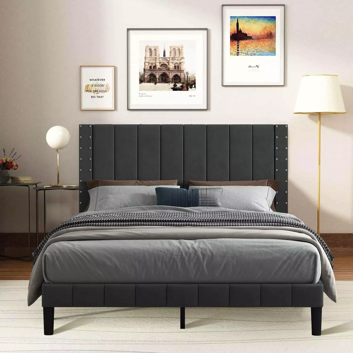 SESSLIFE Queen Upholstered Platform Bed - Gray Bed Frame Adjustable Headboard - Holds 1000 lbs - No Box Spring