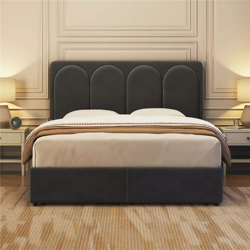 Topeakmart Queen Upholstered Bed 4 Storage Drawers and Arch Channel Tufted Headboard Dark Gray