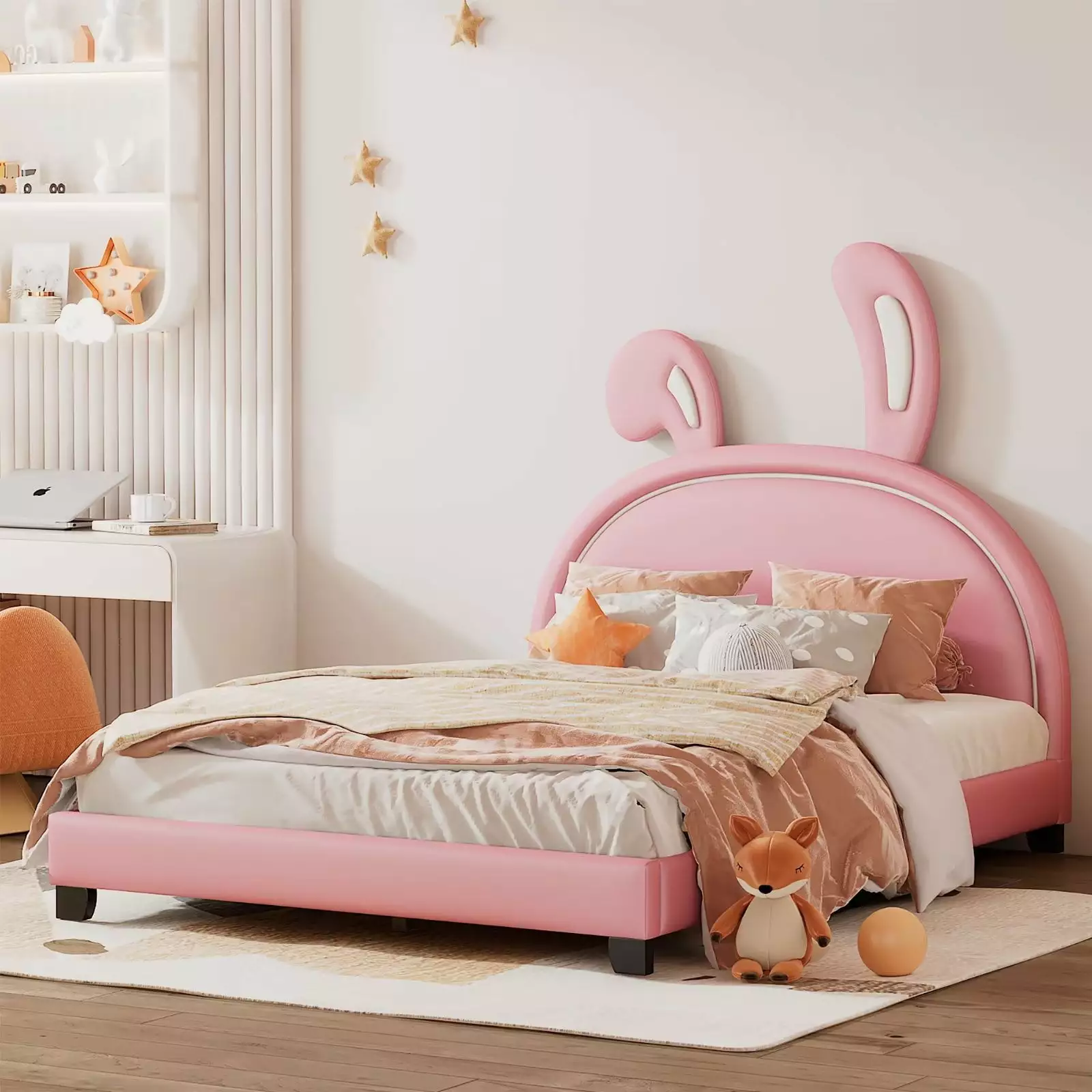 Full Size PU Leather Upholstered Bed Frame Rabbit Headboard - Kids Floor Bed Sturdy Slats - Pink Triple Tree