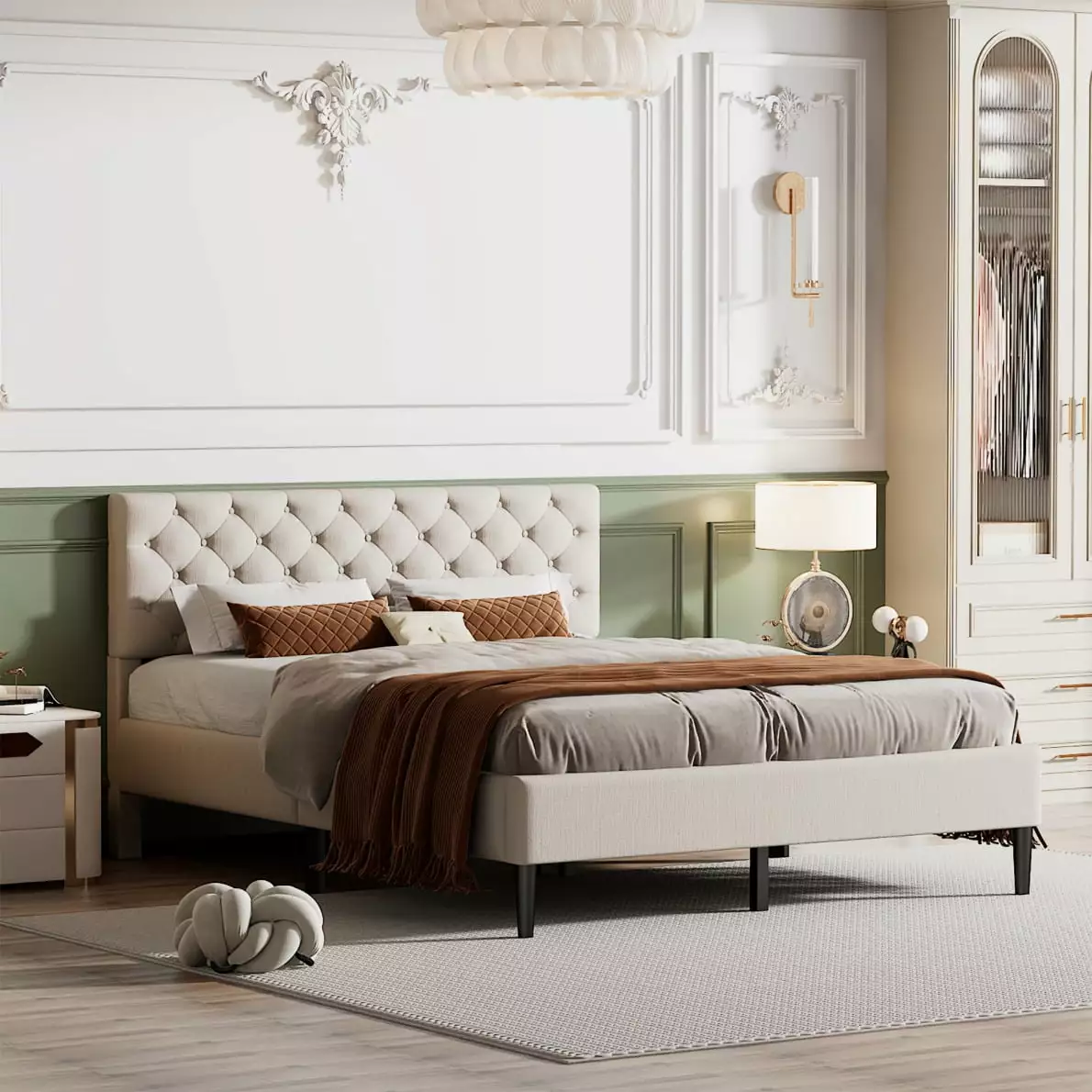 Queen Upholstered Platform Bed Frame Linen Button Tufted Headboard Slats Support No Box Spring Triple Tree