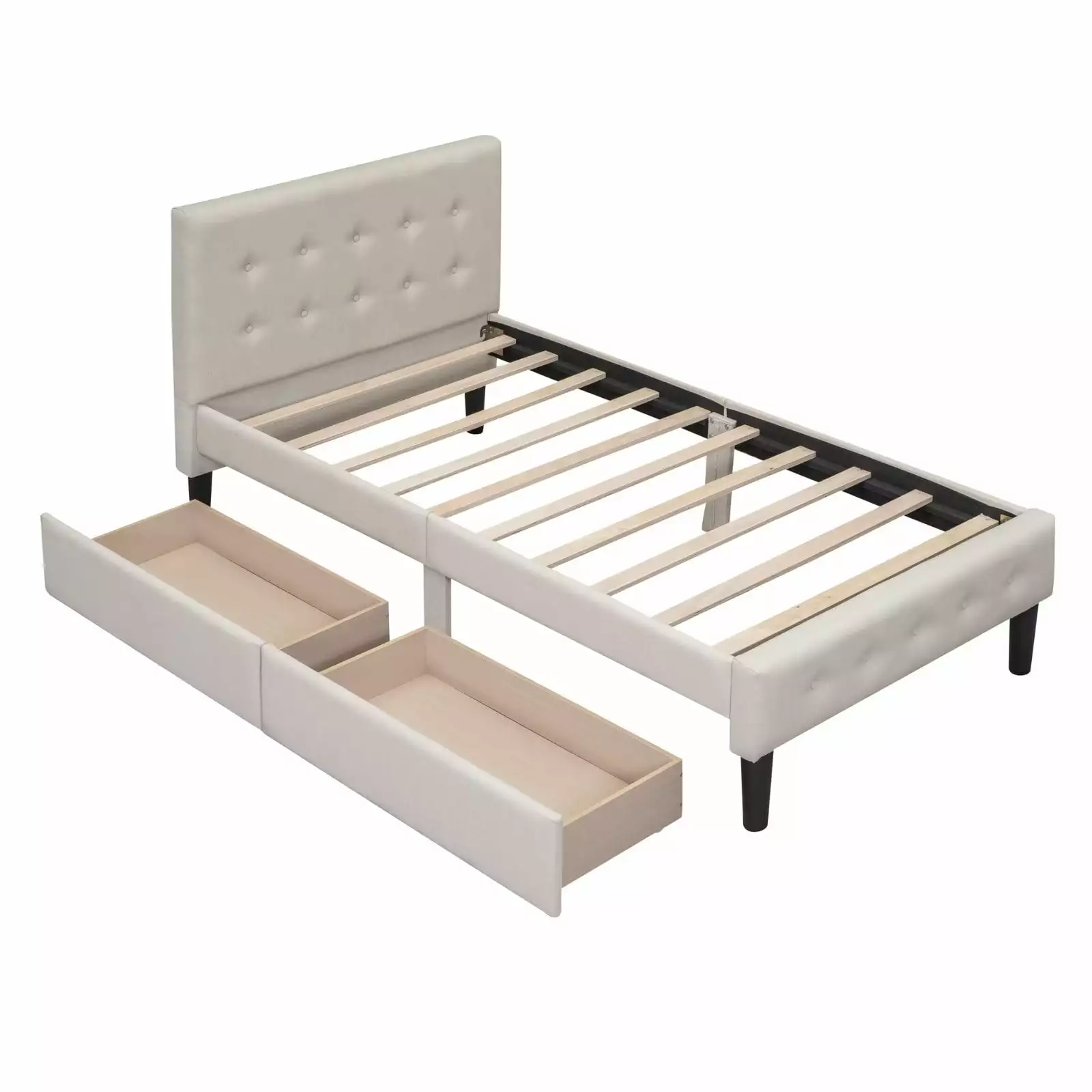 Twin Size Upholstered Platform Bed Storage Drawers and Button Tufted Headboard Kids Adults Bedroom Triple Tree
