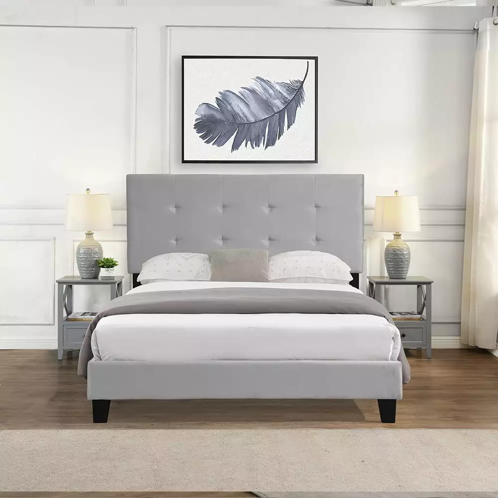 Gray Upholstered Platform Bed Full Size Bed Frame Button Tufted Linen Headboard Wooden Slat Support No Box Spring Q17762 u...