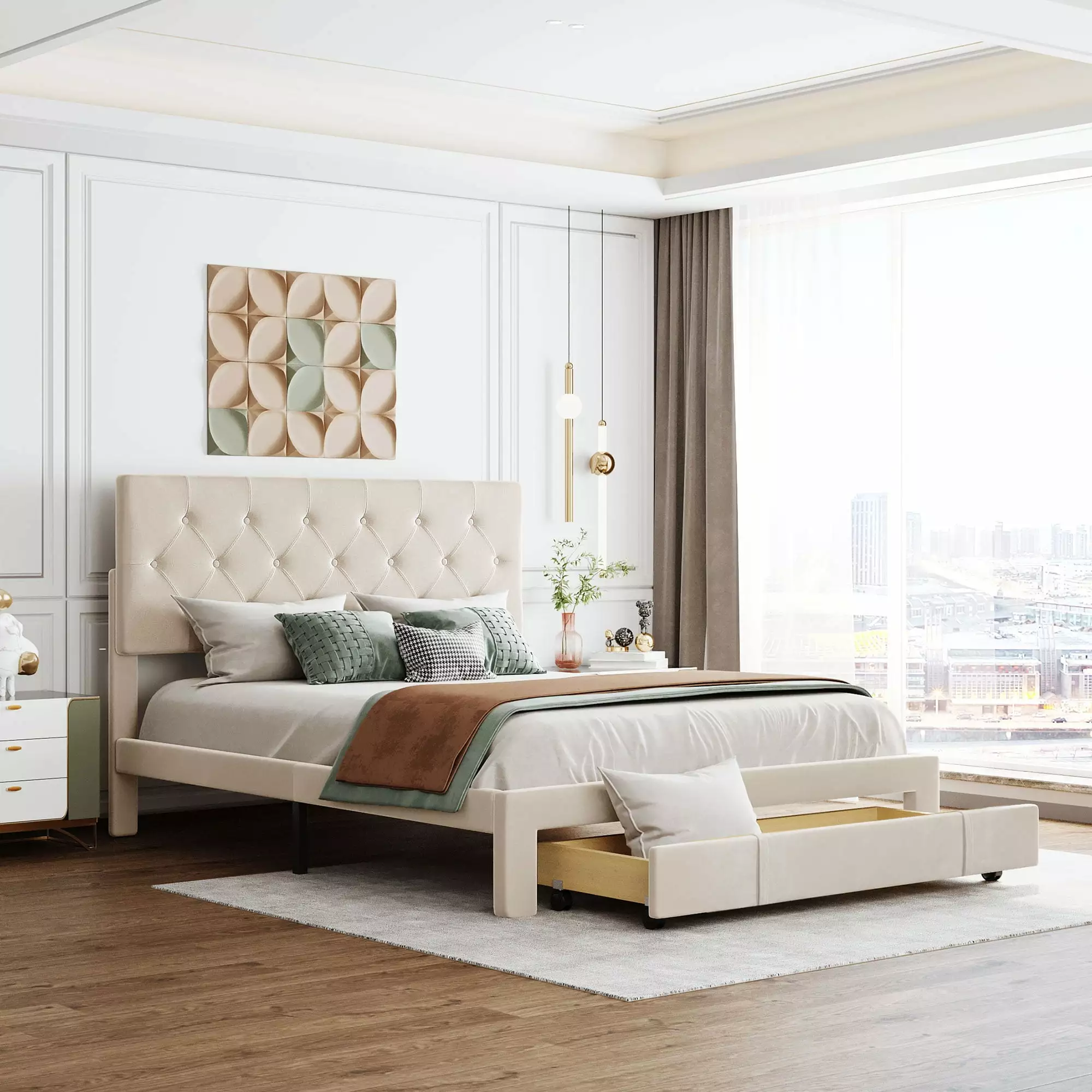 Uhomepro Queen Storage Bed Frame Upholstered Platform Bed Adjustable Headboard Big Drawer Heavy Duty Bed Frame Wood Slat S...