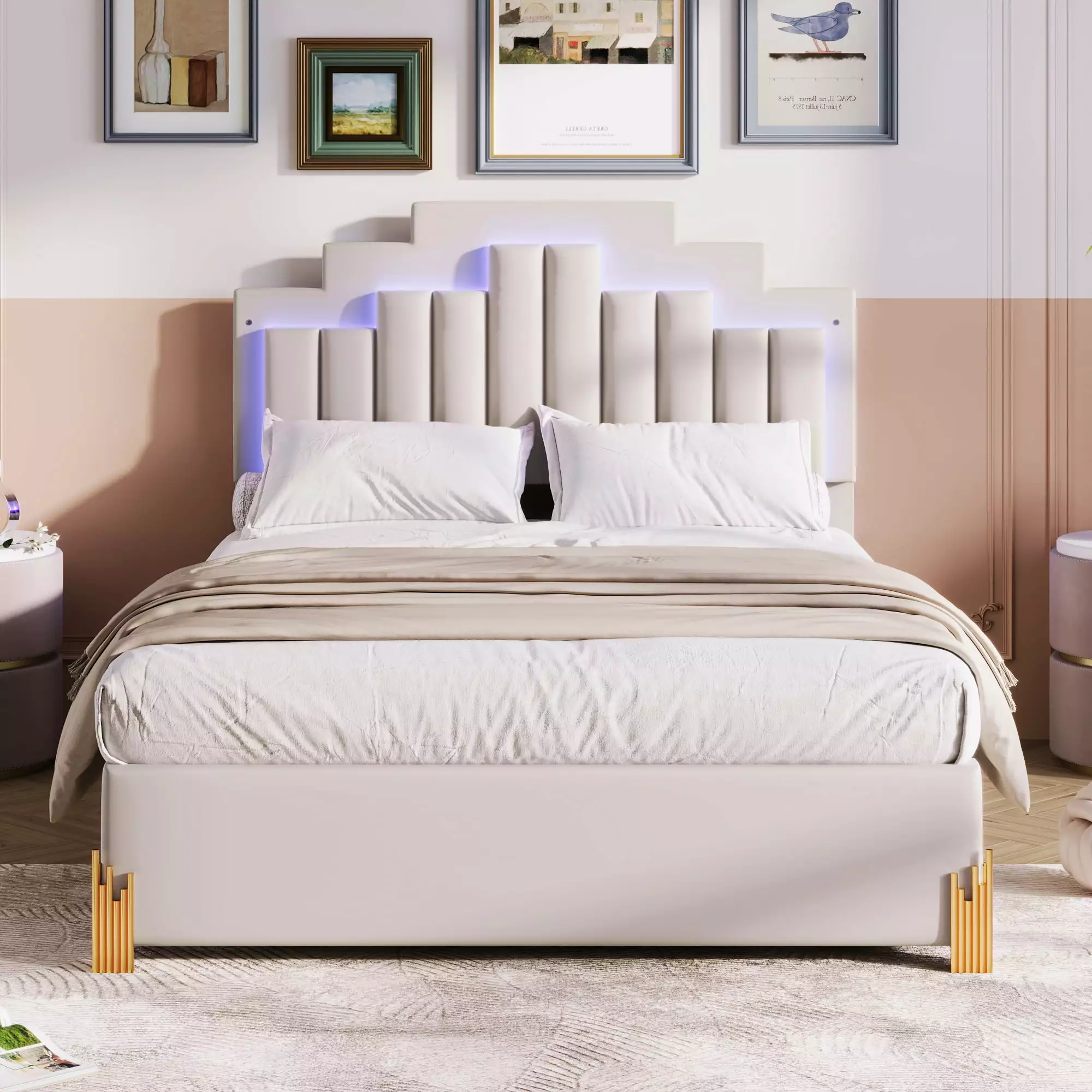 uhomepro Upholstered Platform Bed Frame Full Size 4 Drawers and LED Lights - No Box Spring Needed Beige