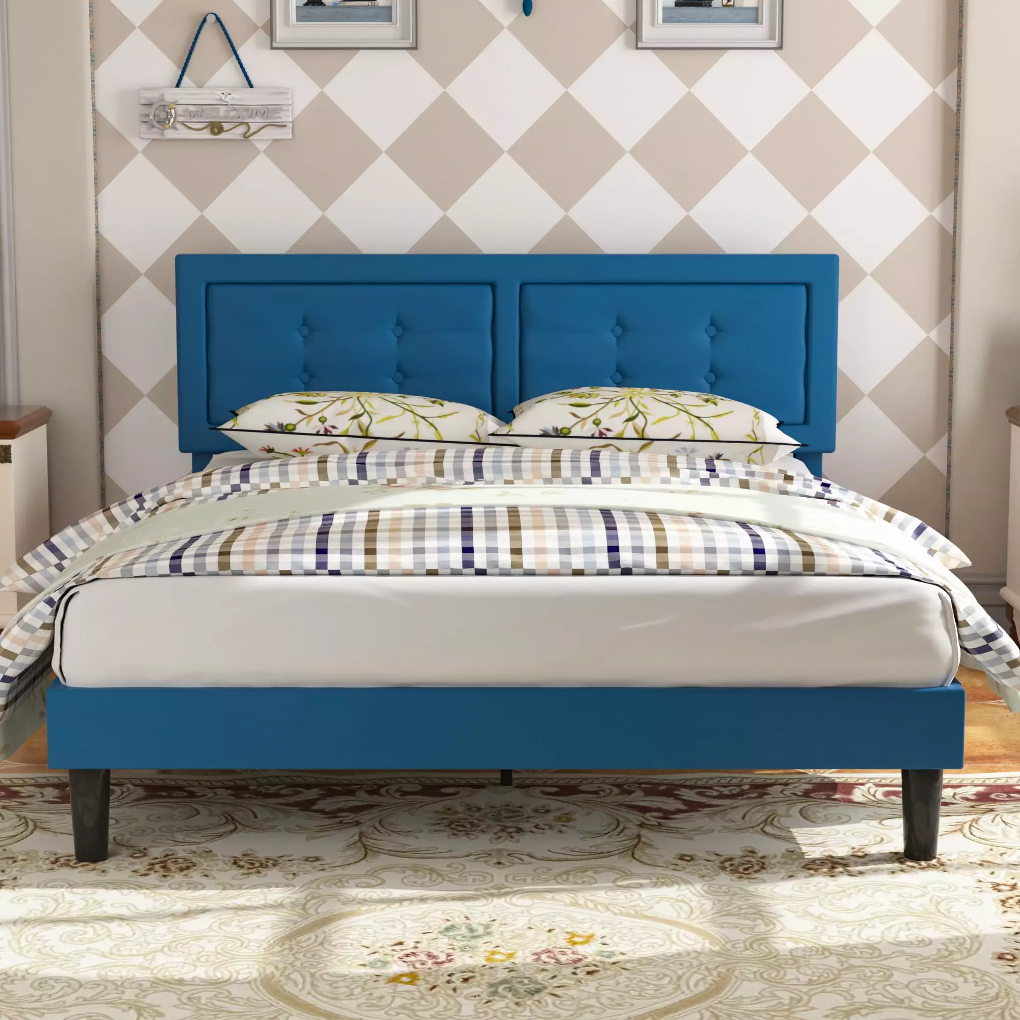 VECELO Blue Queen Size Upholstered Platform Bed Adjustable Tufted Headboard