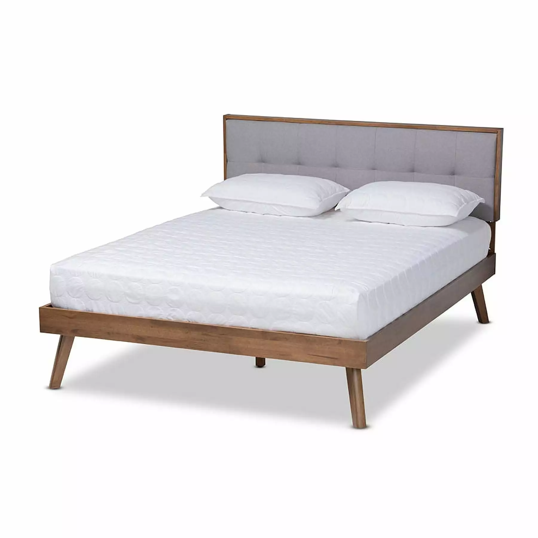 Baxton Studio Alke Mid-Century Modern Light Grey Fabric Upholstered Platform Queen Bed Walnut Brown Wholesale Interiors