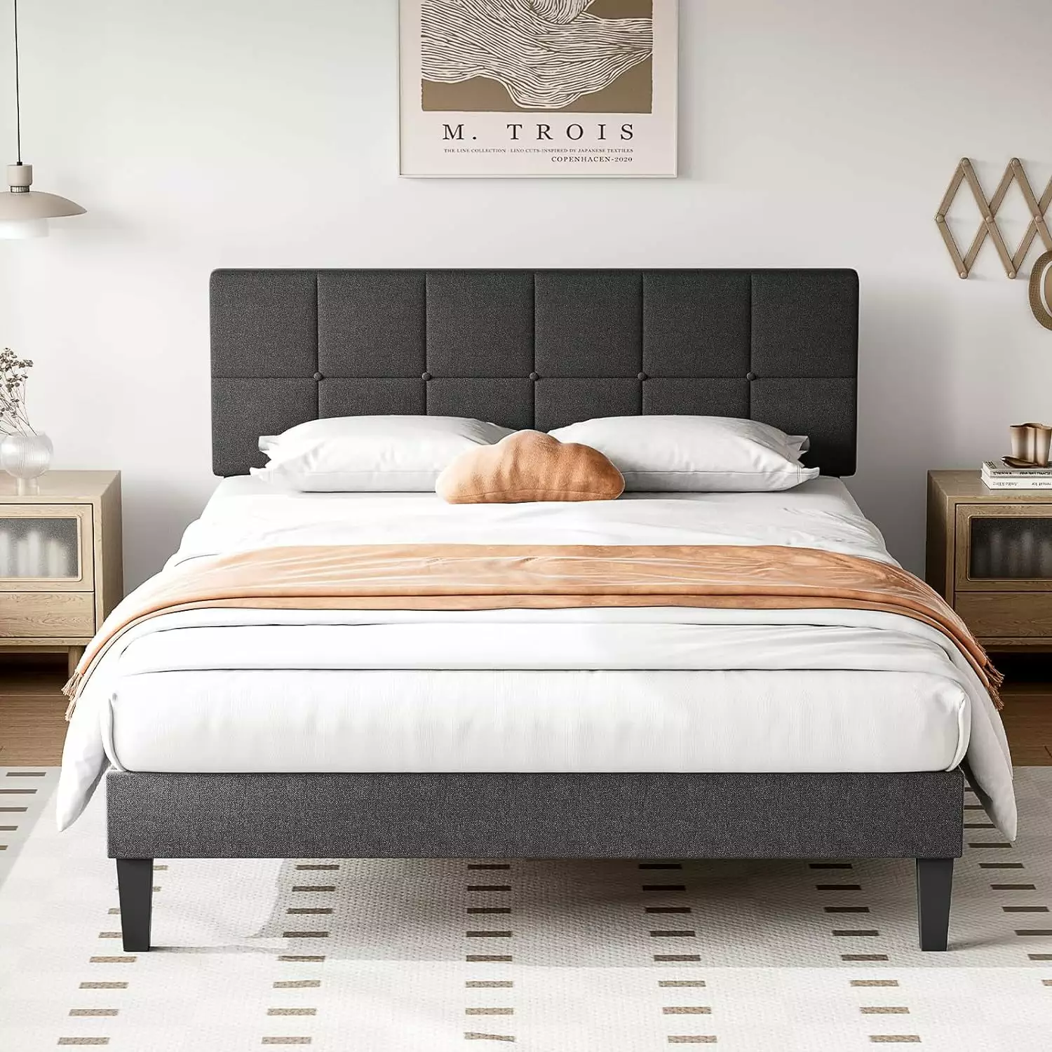 Yangming Full Upholstered Platform Bed Frame Linen Headboard Dark Gray