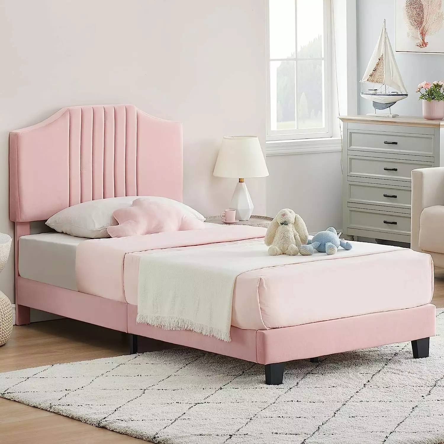 Yiwa Girls Twin Size Bed Frame Upholstered Platform Tufted Headboard Wood Slat Support Easy Assembly Pink