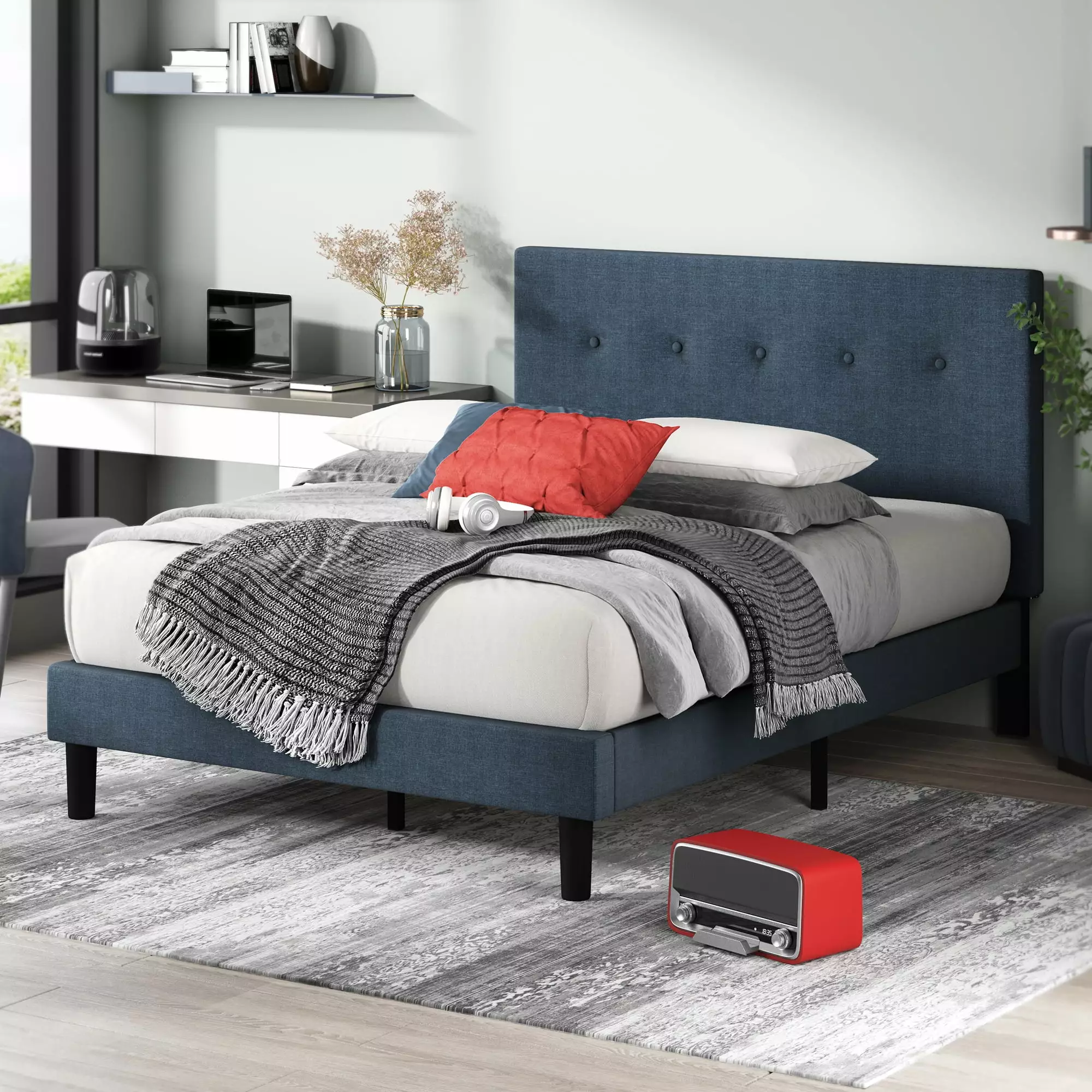 Zinus Omkaram 46 Upholstered Navy Platform Bed King