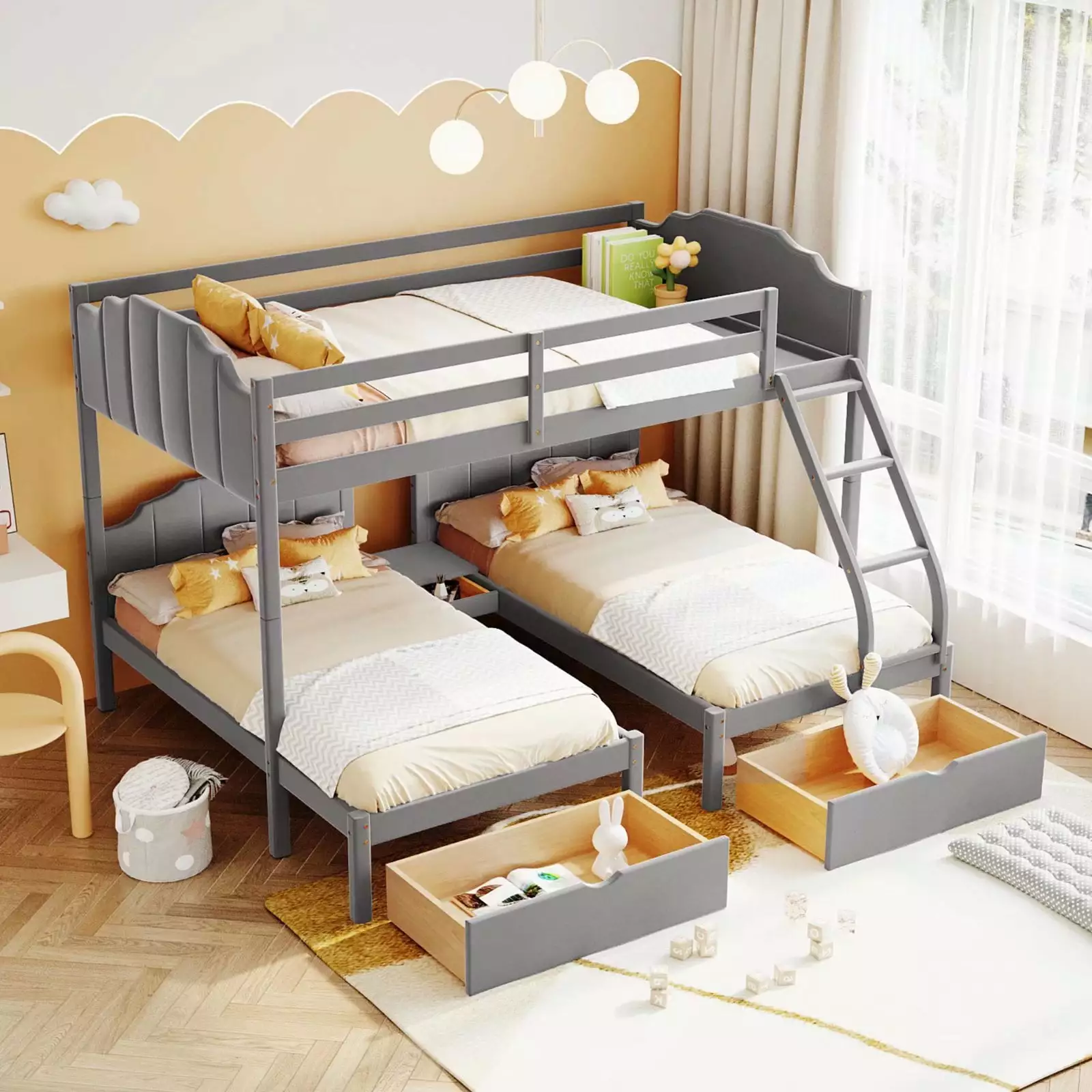 Velvet Upholstered Full Over Twin Bunk Bed Frame 2 Drawers and Padded Headboard Boys Girls Bedroom Triple Tree