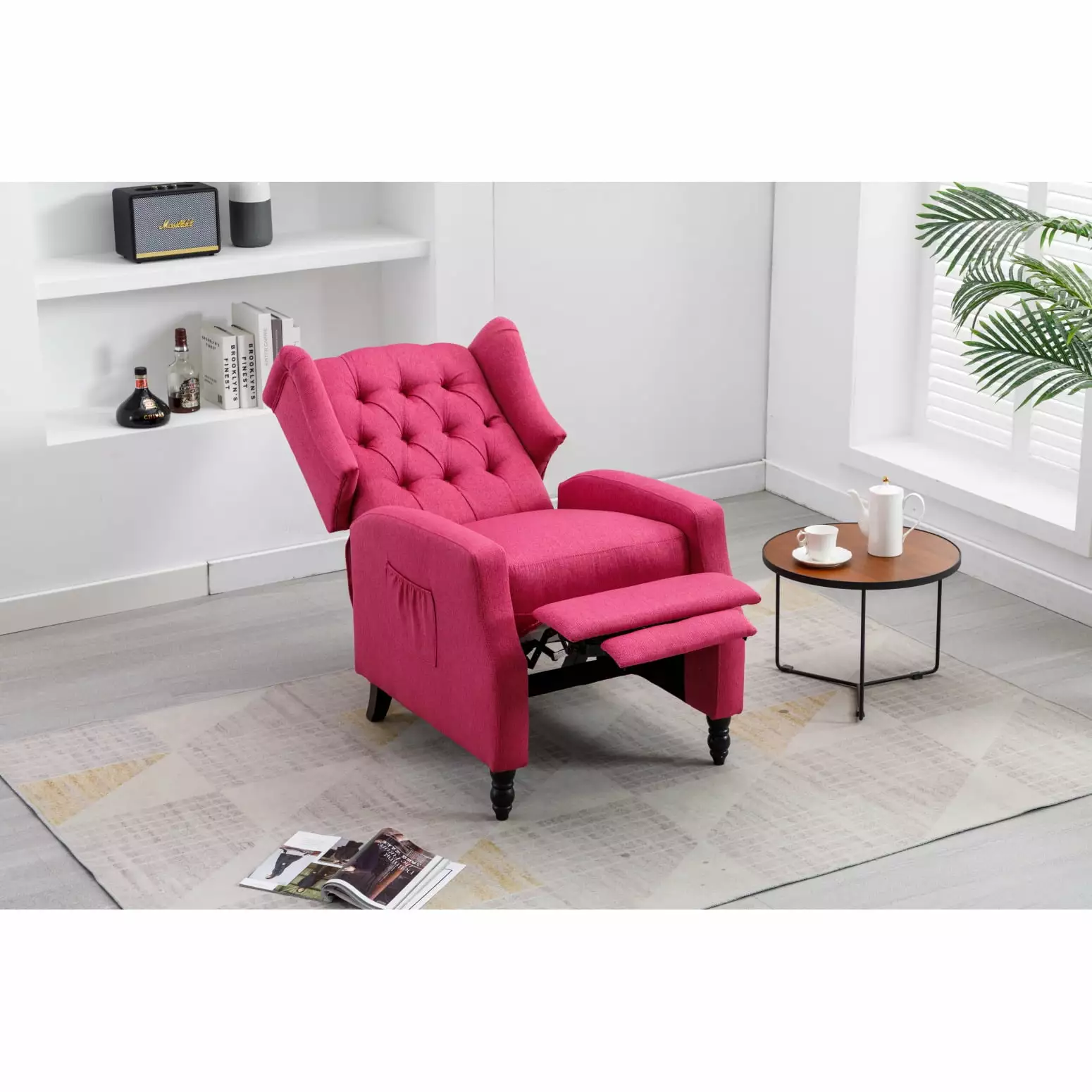 Stylish Navy Linen Upholstered Recliner Chair - Modern Leisure Chair Robust Rubberwood Frame HATNOKIL