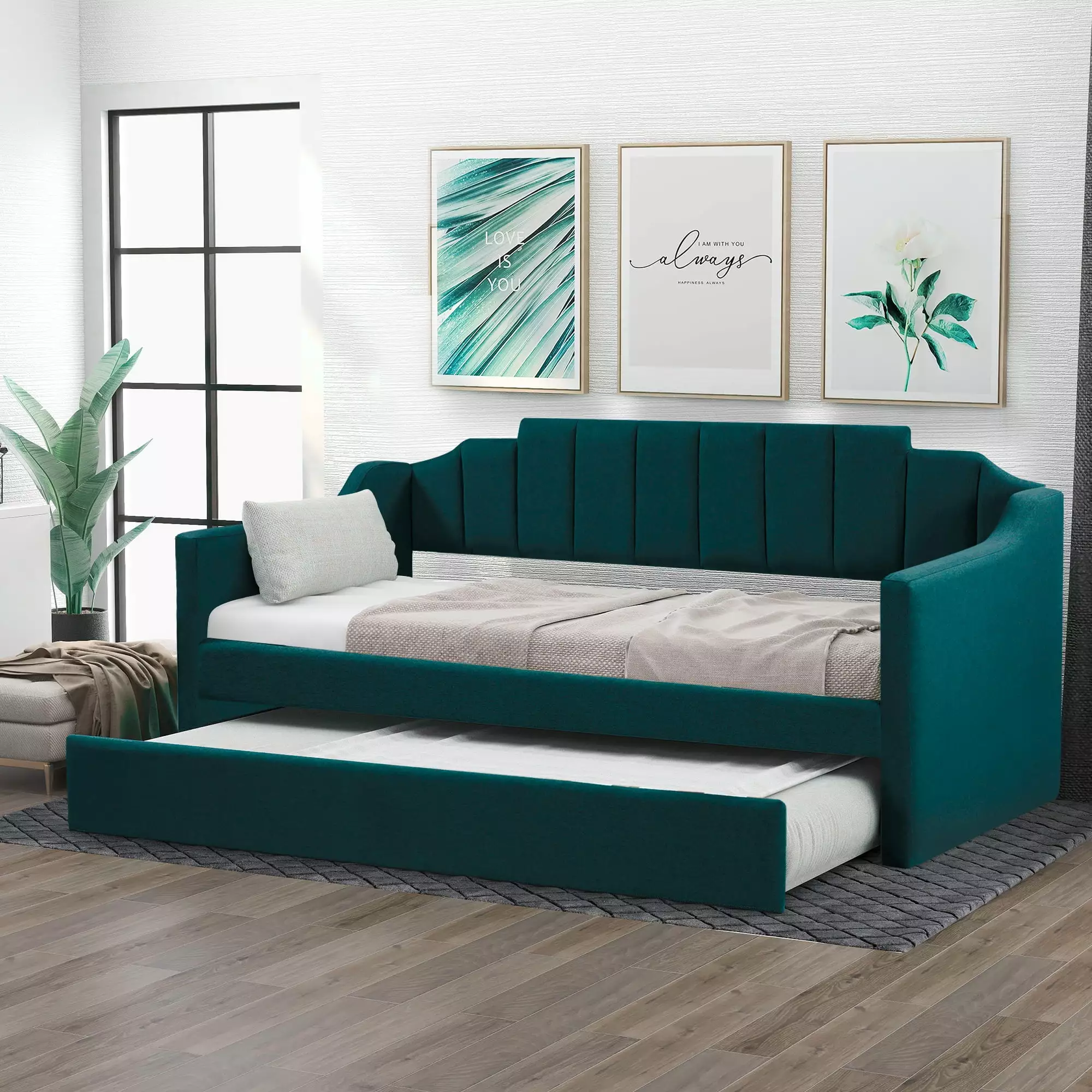 Euroco Modern Fabric Upholstered Twin Daybed Trundle Kids Bedroom Green Space Saving Bed