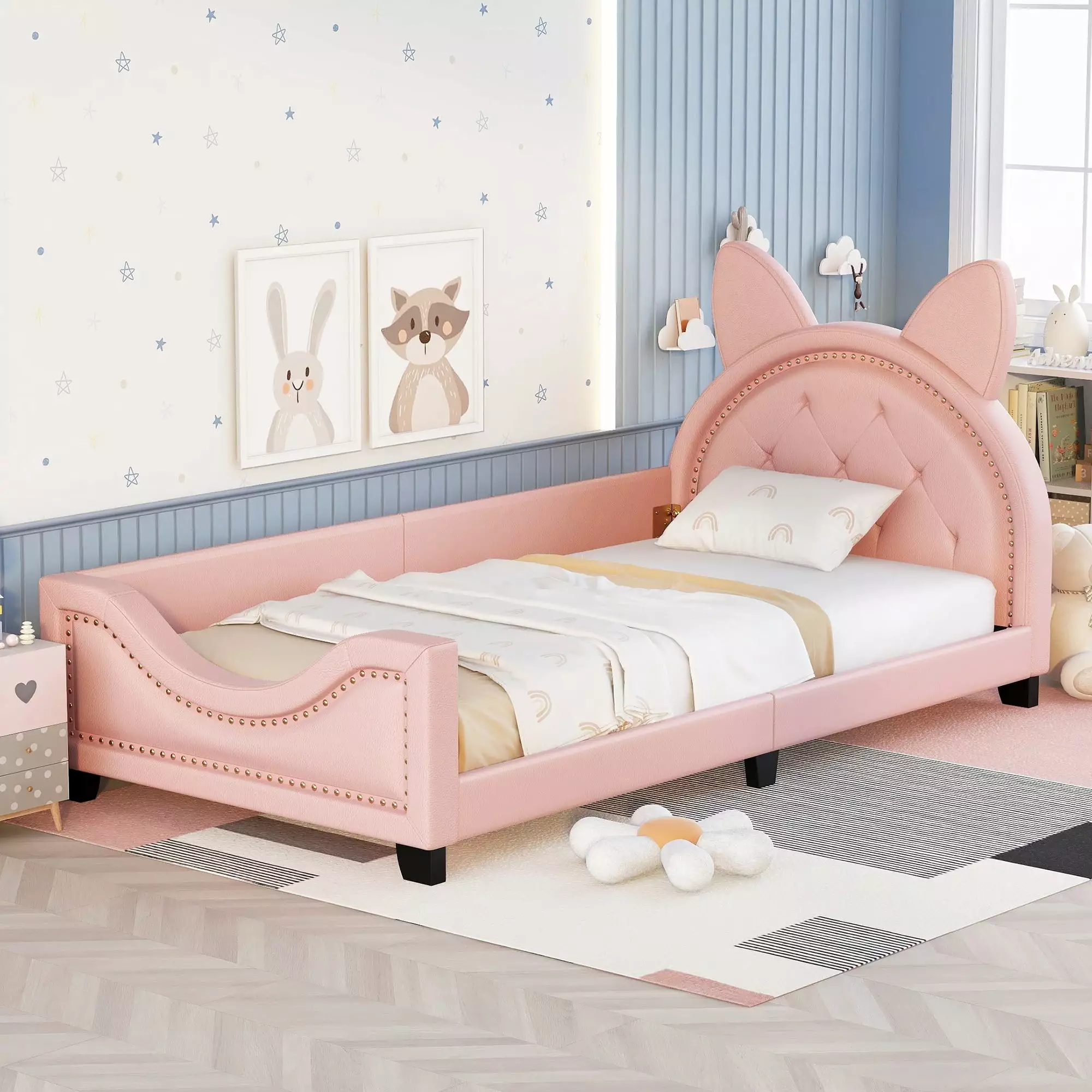 iRerts Twin Upholstered Daybed Wooden Low Frame Cartoon Ears Headboard No Box Spring Needed Pink