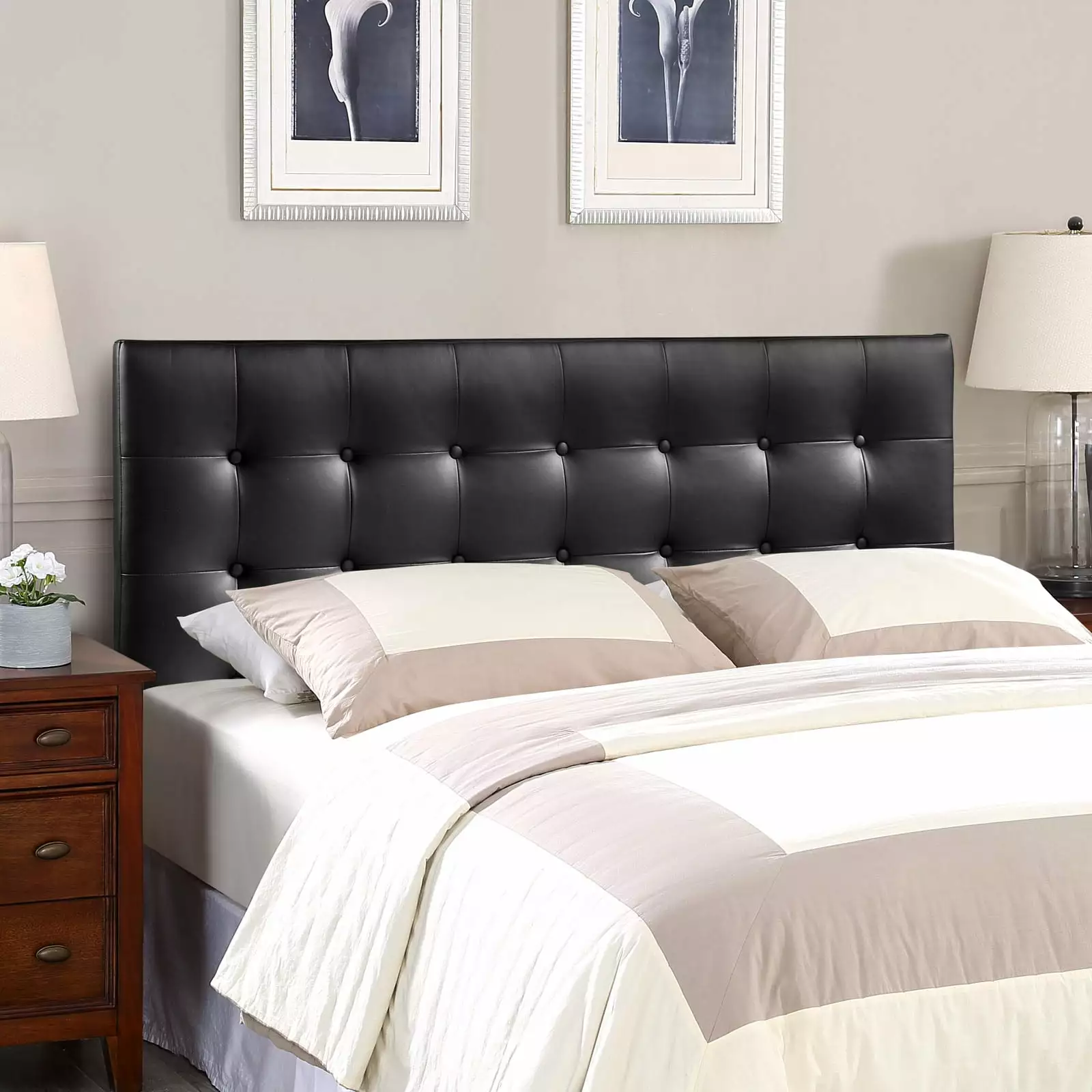 Modway Emily Tufted Button Headboard - King Size Black - Elegant Upholstered Headboard Bedroom