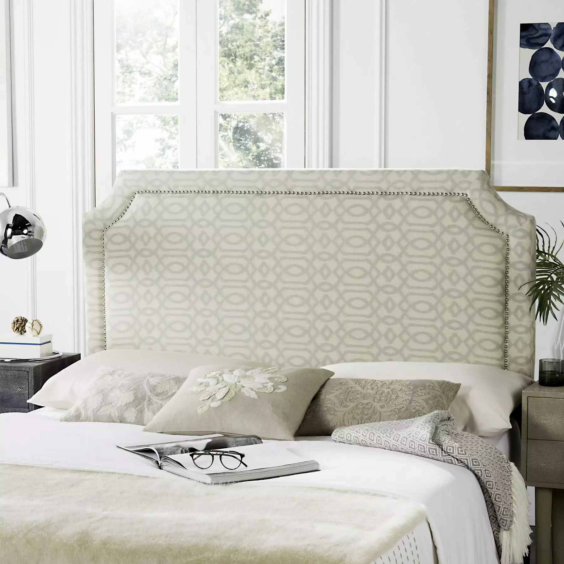 Queen SAFAVIEH Shayne Modern Upholstered Headboard Nail Heads Wheat Pale Blue
