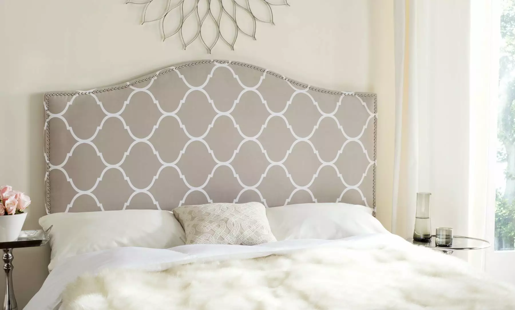 Safavieh Connie Timeless Upholstered Headboard Nail Heads Queen Size Pearl Grey