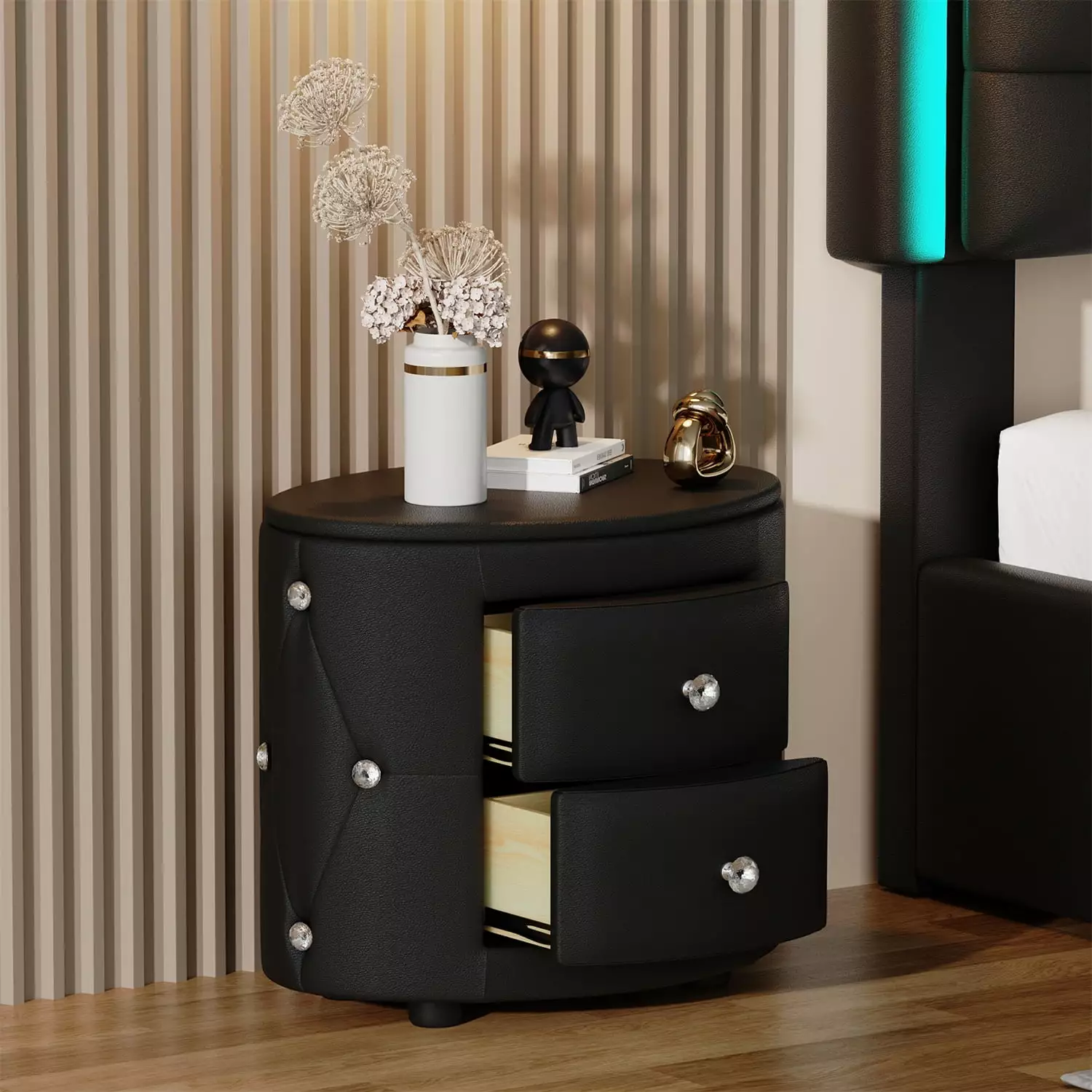 PU Leather Nightstand Elegant Bedside Table 2 Drawers and Crystal Handle Fully Assembled HeroicLion