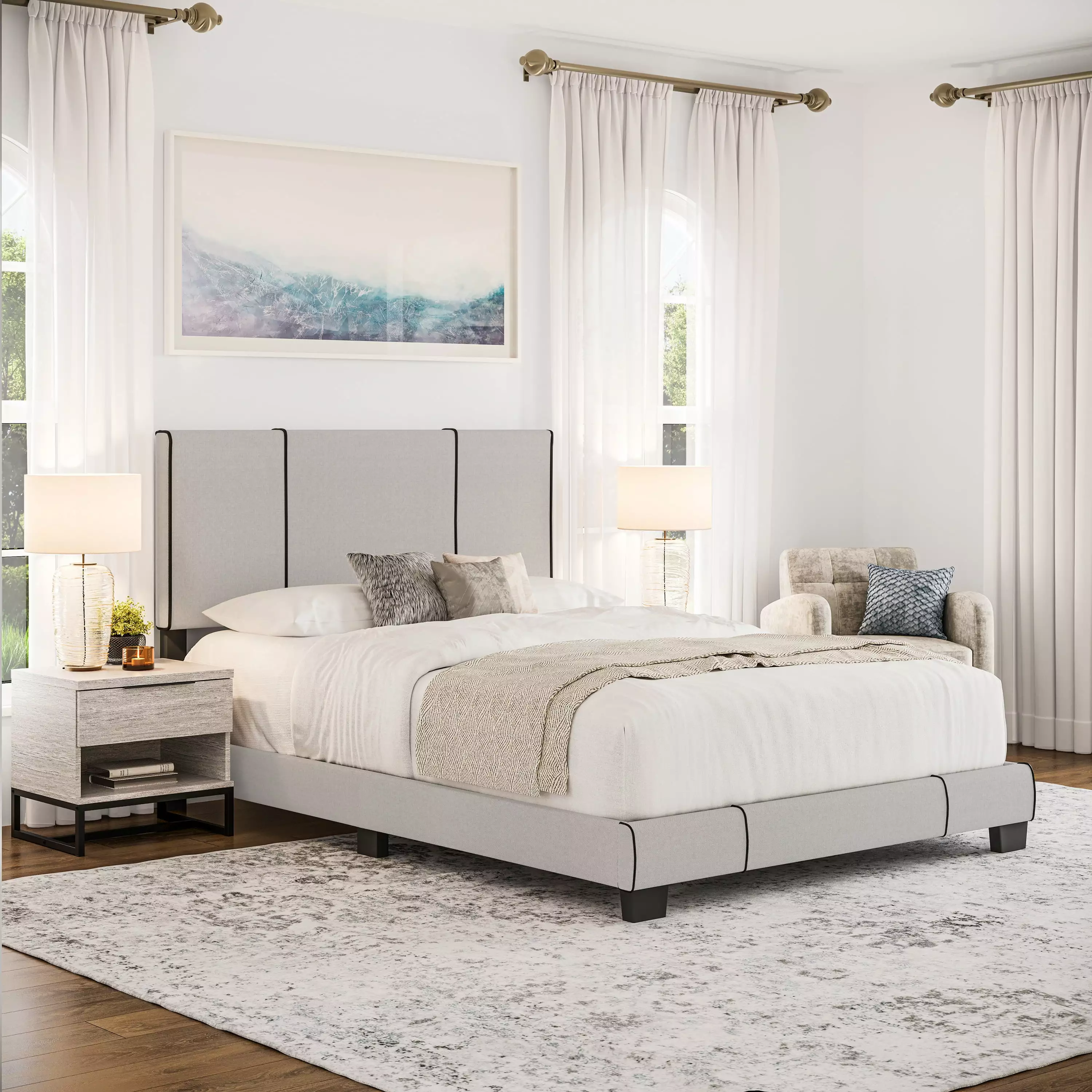 Boyd Sleep Lucena Linen Upholstered Platform Bed Off White Queen Size Modern Bed
