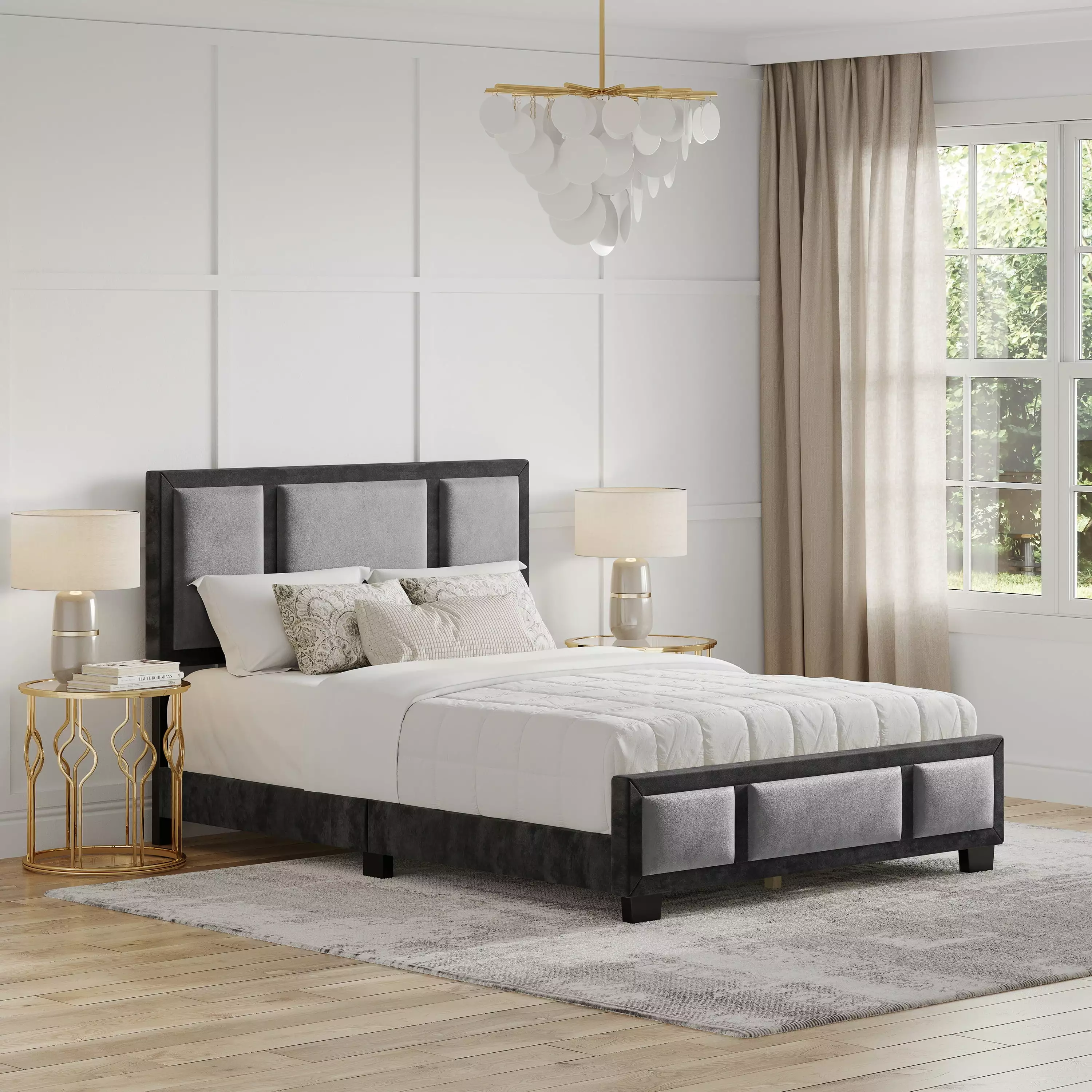 Boyd Sleep Triptych Velvet Upholstered Platform Bed Black Gray Full Size Modern Bed