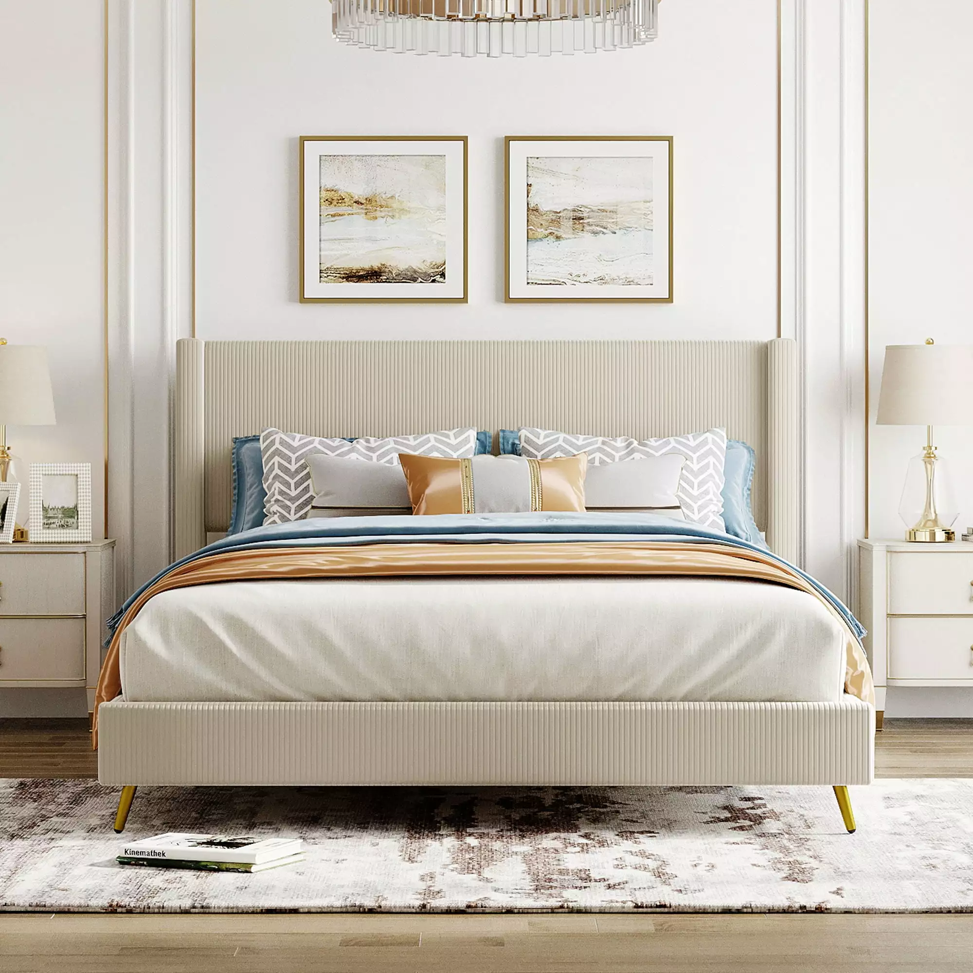 Sesslife Queen Bed Frame Headboard New Upgraded Corduroy Upholstered Platform Bed Wooden Slats and Metal Legs No Box Sprin...
