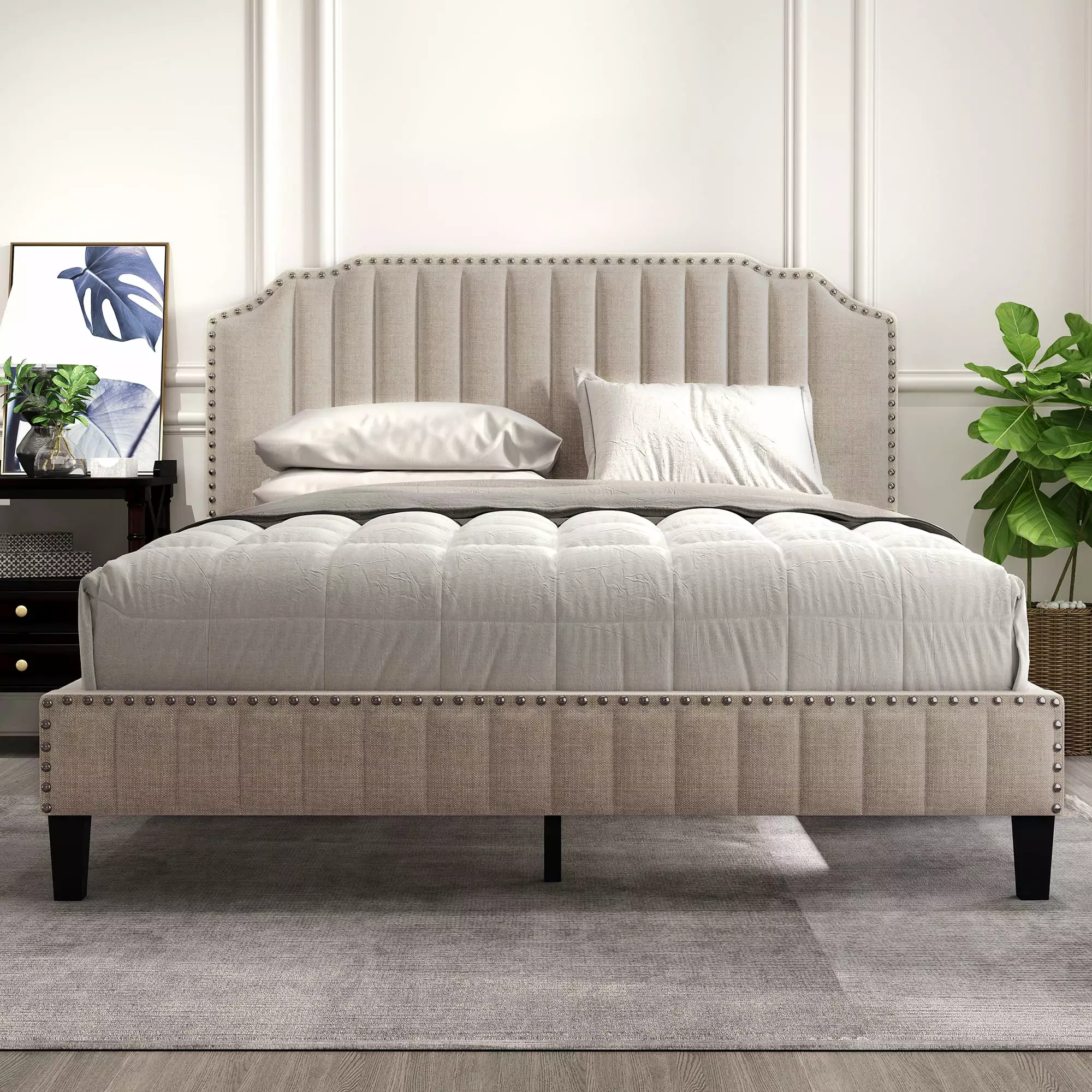 Seventh Queen Platform Bed Frame Modern Upholstered Platform Bed Headboard and Solid Wood Frame Queen Size Bed Frame Nailh...