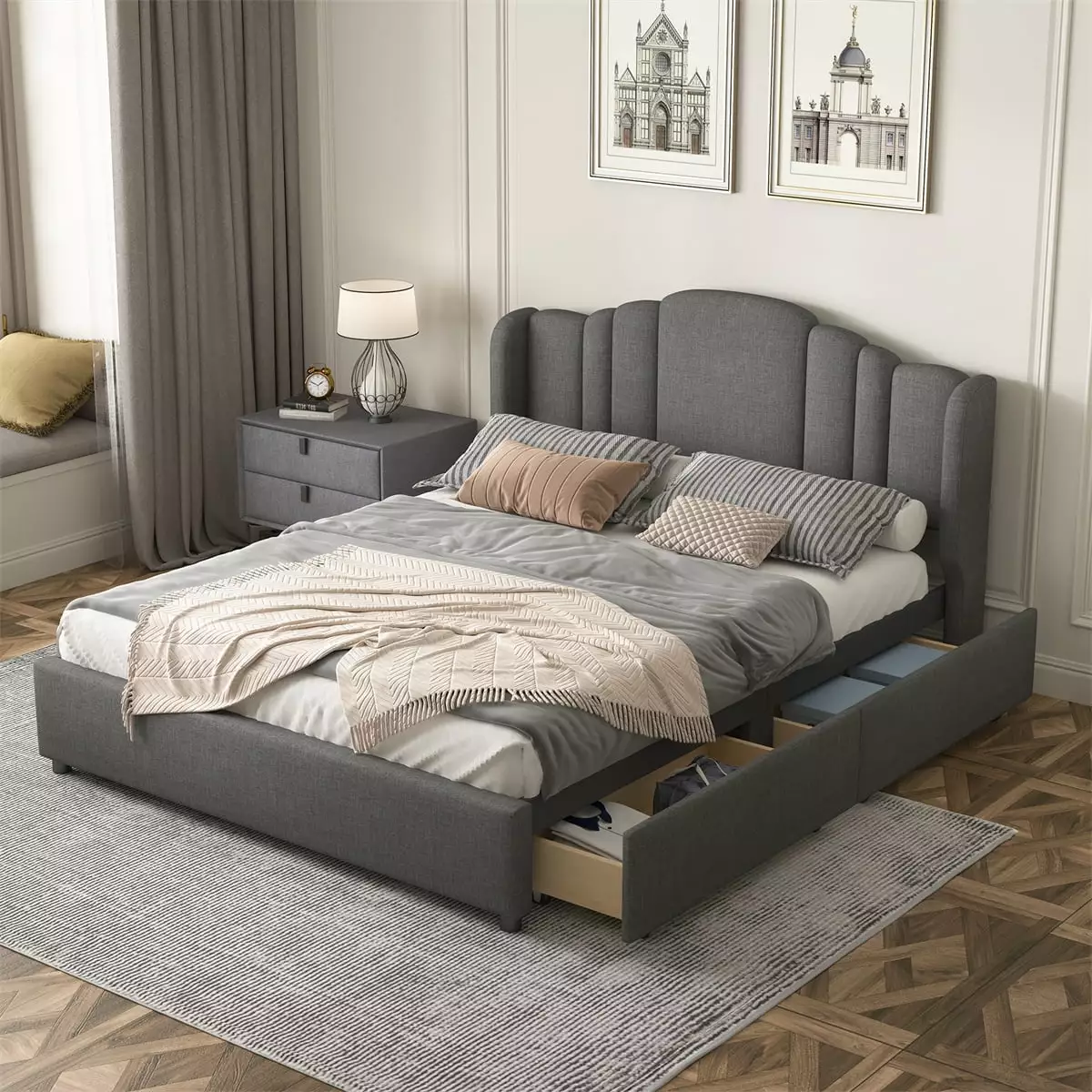 Queen Size Platform Bed - Linen Fabric Upholstered Bed Wingback Headboard and 4 Drawers - Gray Triple Tree