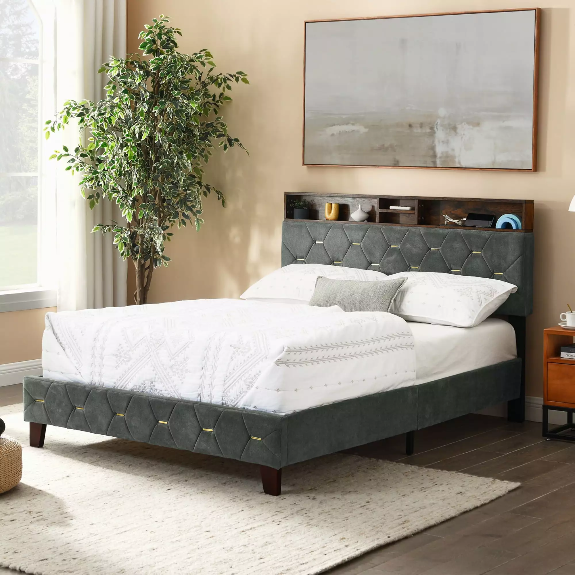 uhomepro Upholstered Full Platform Bed Storage Headboard Fabric Upholstered Full Bed Frame Outlet USB Ports Wood Legs No B...