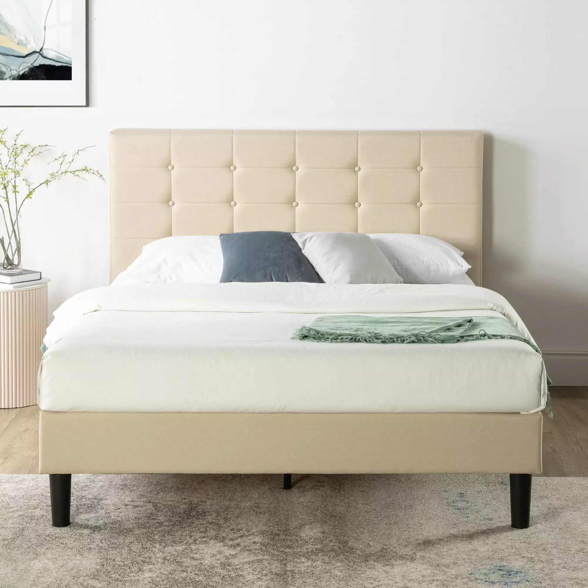 Zinus Ibidun 40 Upholstered Queen Size Platform Bed Frame Beige