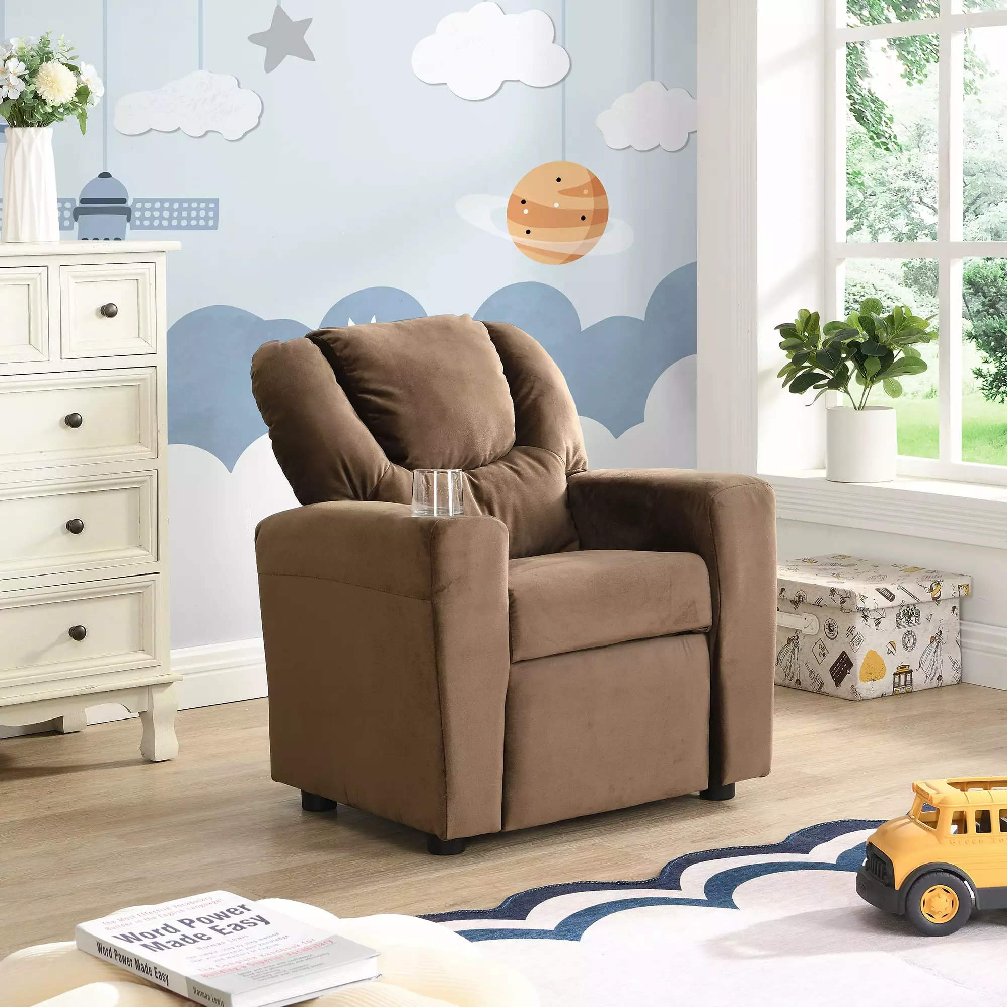 Kids Recliner Chair Upholstered Couch One Cup Holder and Footrest CNCJ