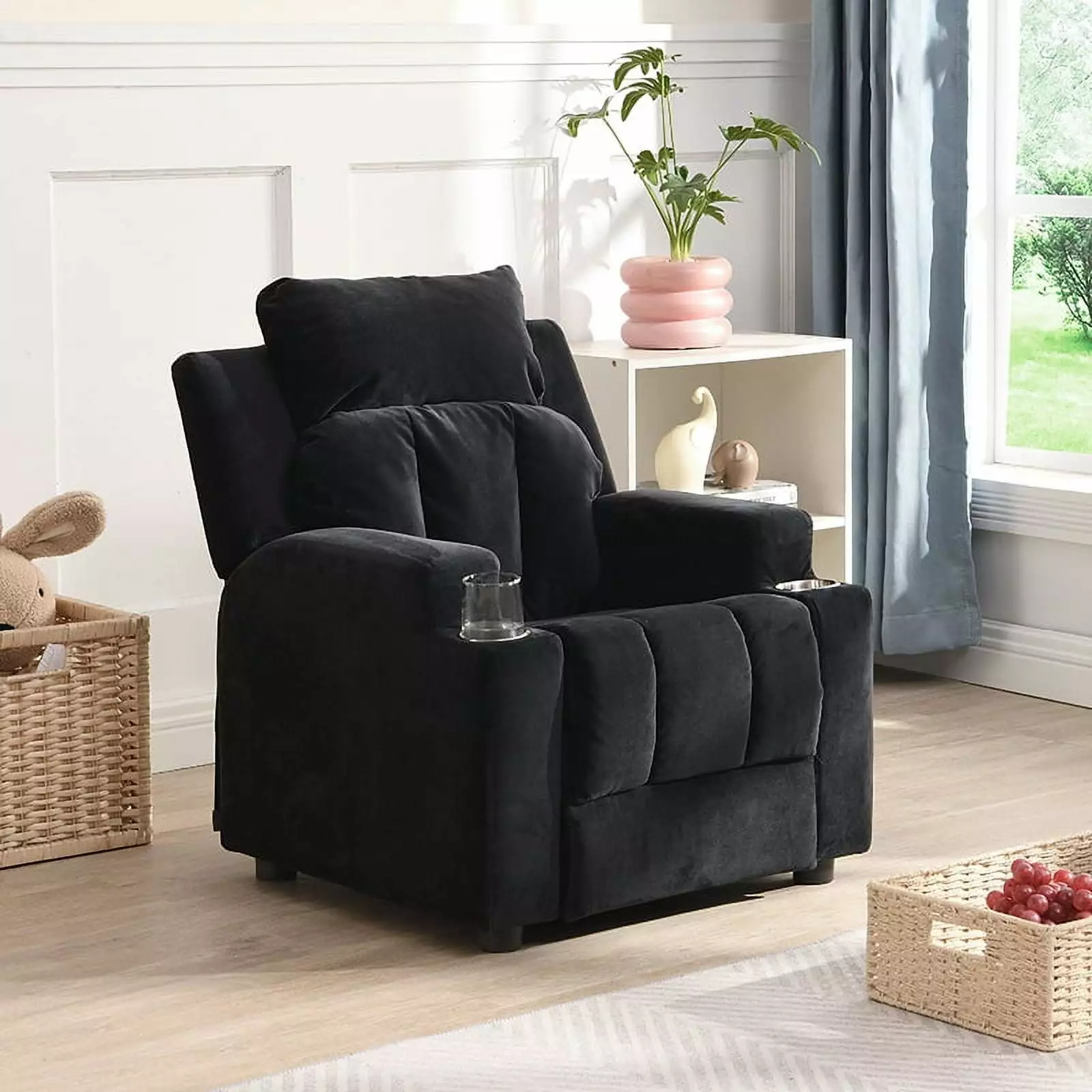 Kids Recliner Chair Upholstered Couch Two Cup Holders and Footrest CNCJ