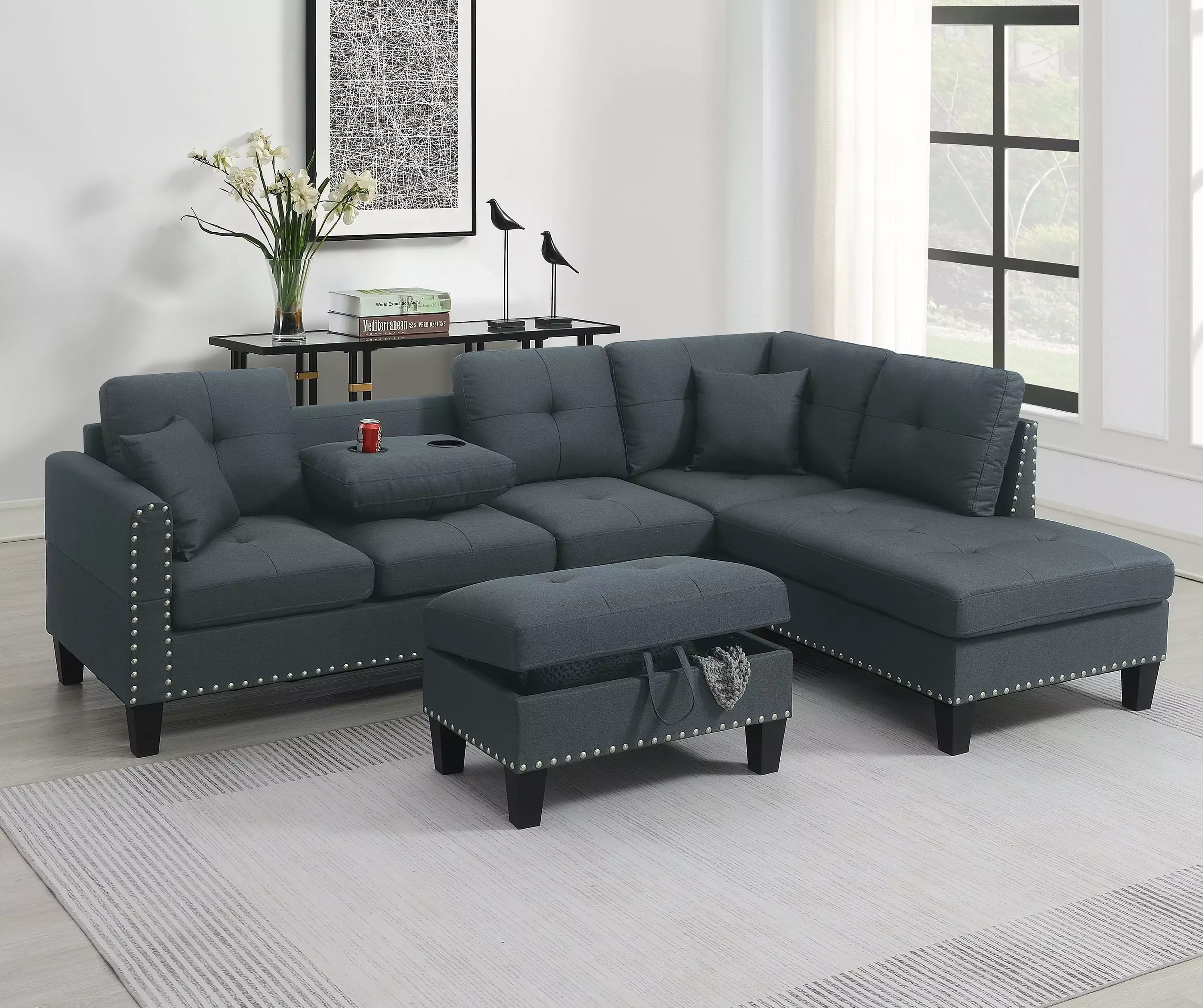 Poundex 3-pcs Upholstered Sectional Set Charcoal Living Room