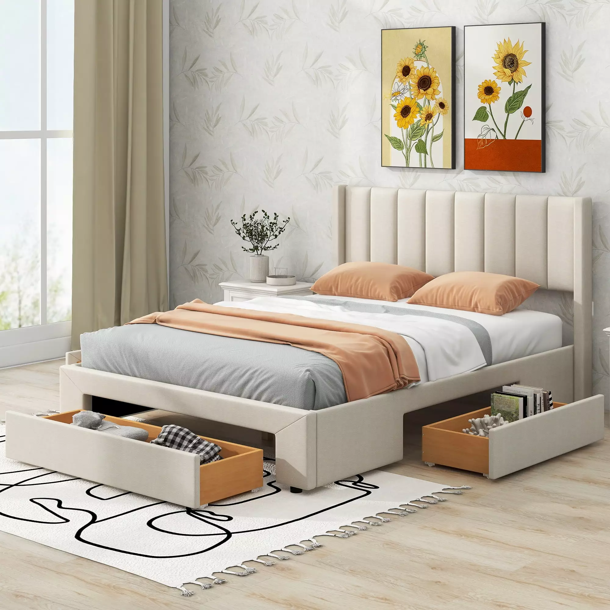 Euroco Upholstered Queen Size Platform Bed 3 Storage Drawers Beige - Modern Storage Bed