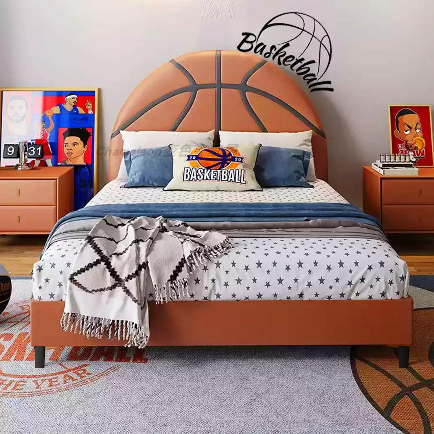 Glavbiku Upholstered Twin Size Bed Frame Child Cute Baby Bed Binquireetball Headboard Orange