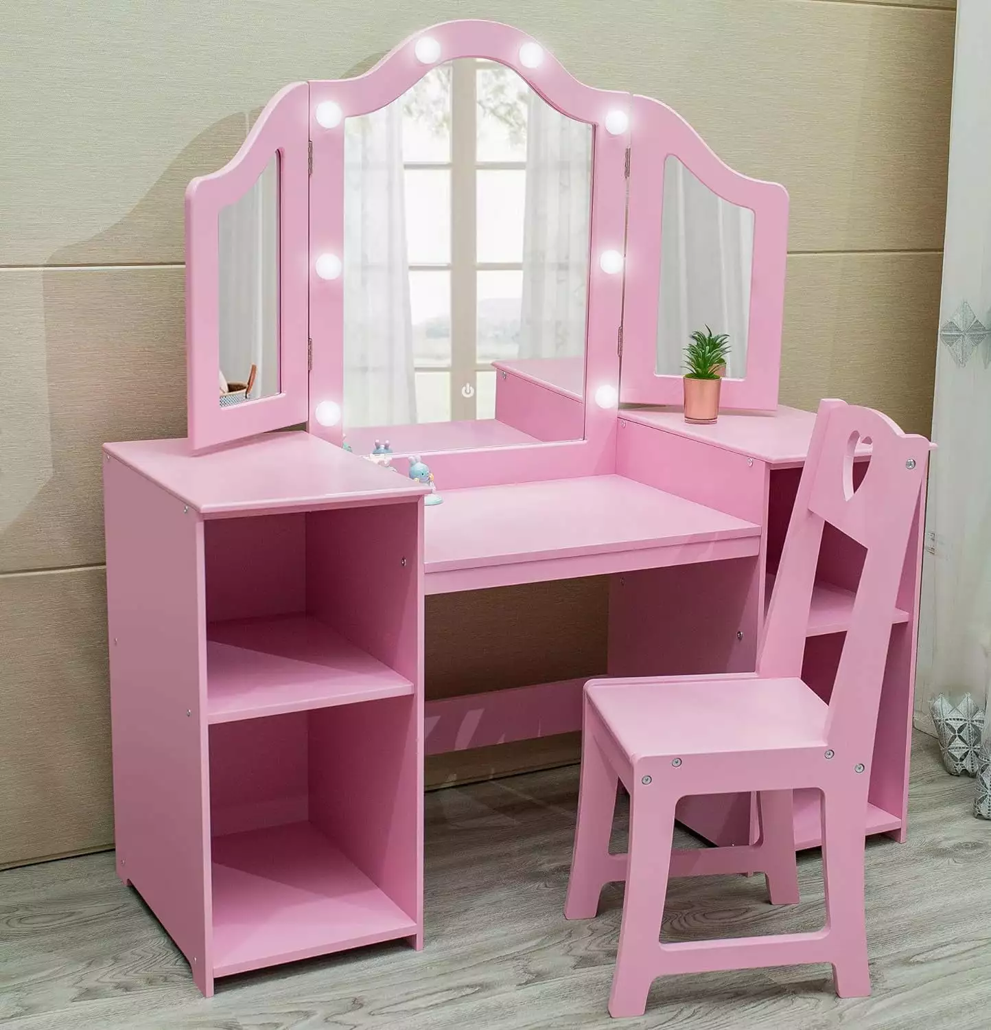 Kids Vanity Table Chair and Tri-Folding Mirror Princess Makeup Desk Set Wooden Dressing Table Storage Creative Hobbies