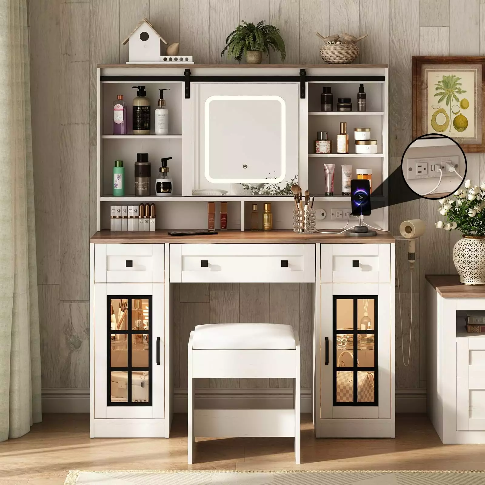 Vabches Farmhoutilize Makeup Vanity Desk Sliding Mirror Large Vanity Table 3 Drawers and Charging Station White