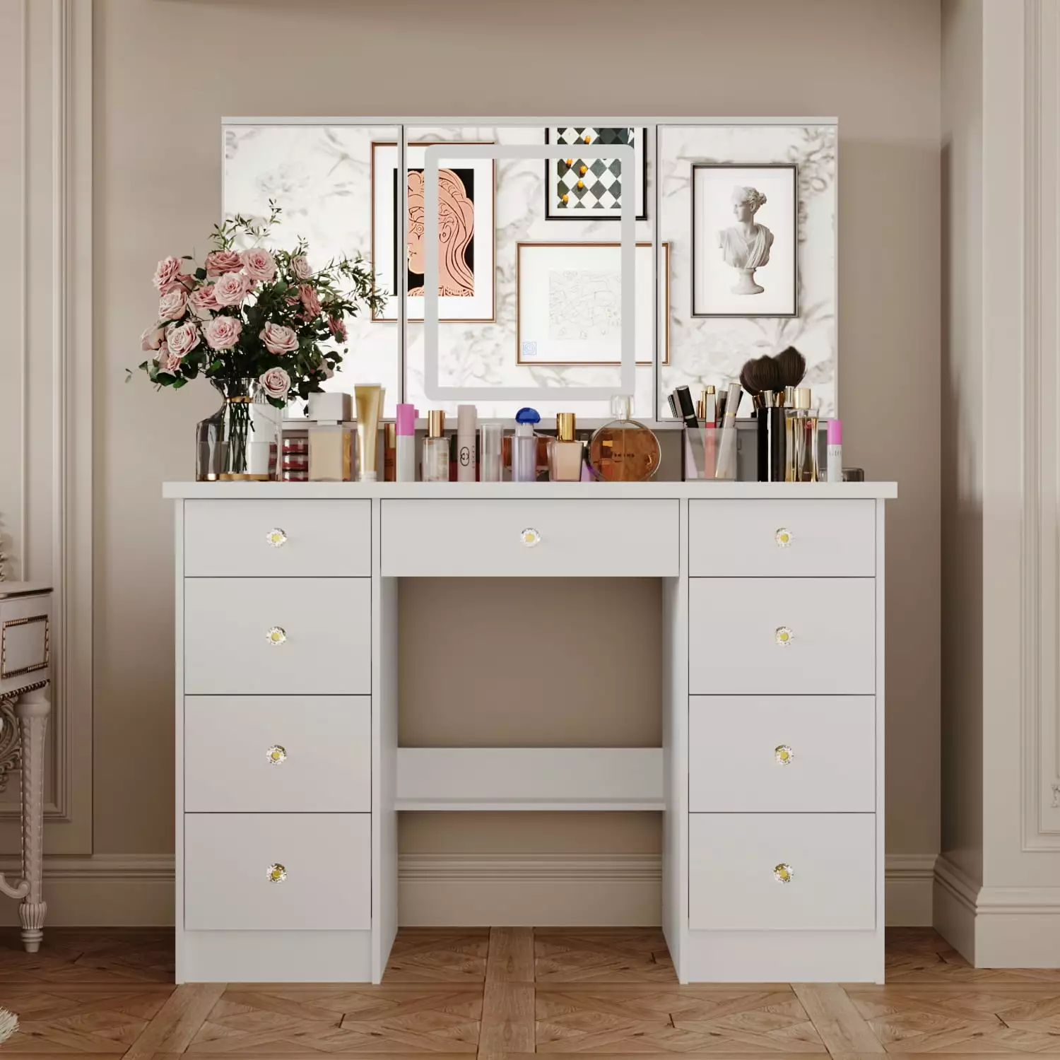 Modern Makeup Vanity Desk Lighted Mirror 3-Mirror Dressing Table 9 Drawers Bedroom WIAWG