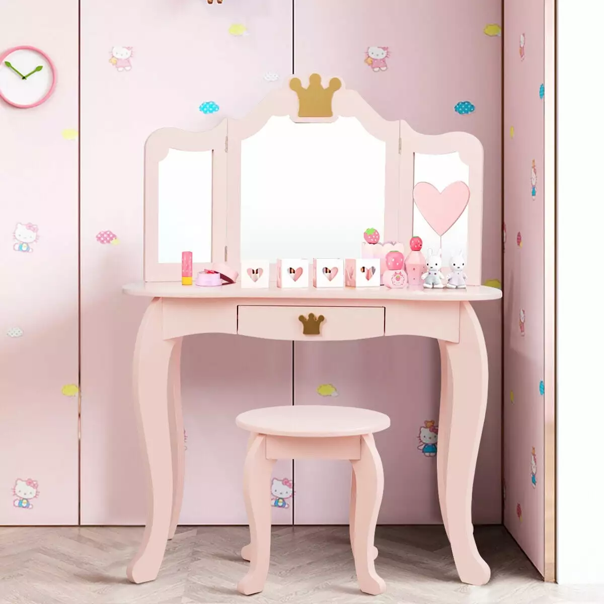 Amijoy Kids Vanity Table and Chair Set. Princess Makeup Dressing Table Drawer & Tri-folding Mirror. 2 1 Vanity Set
