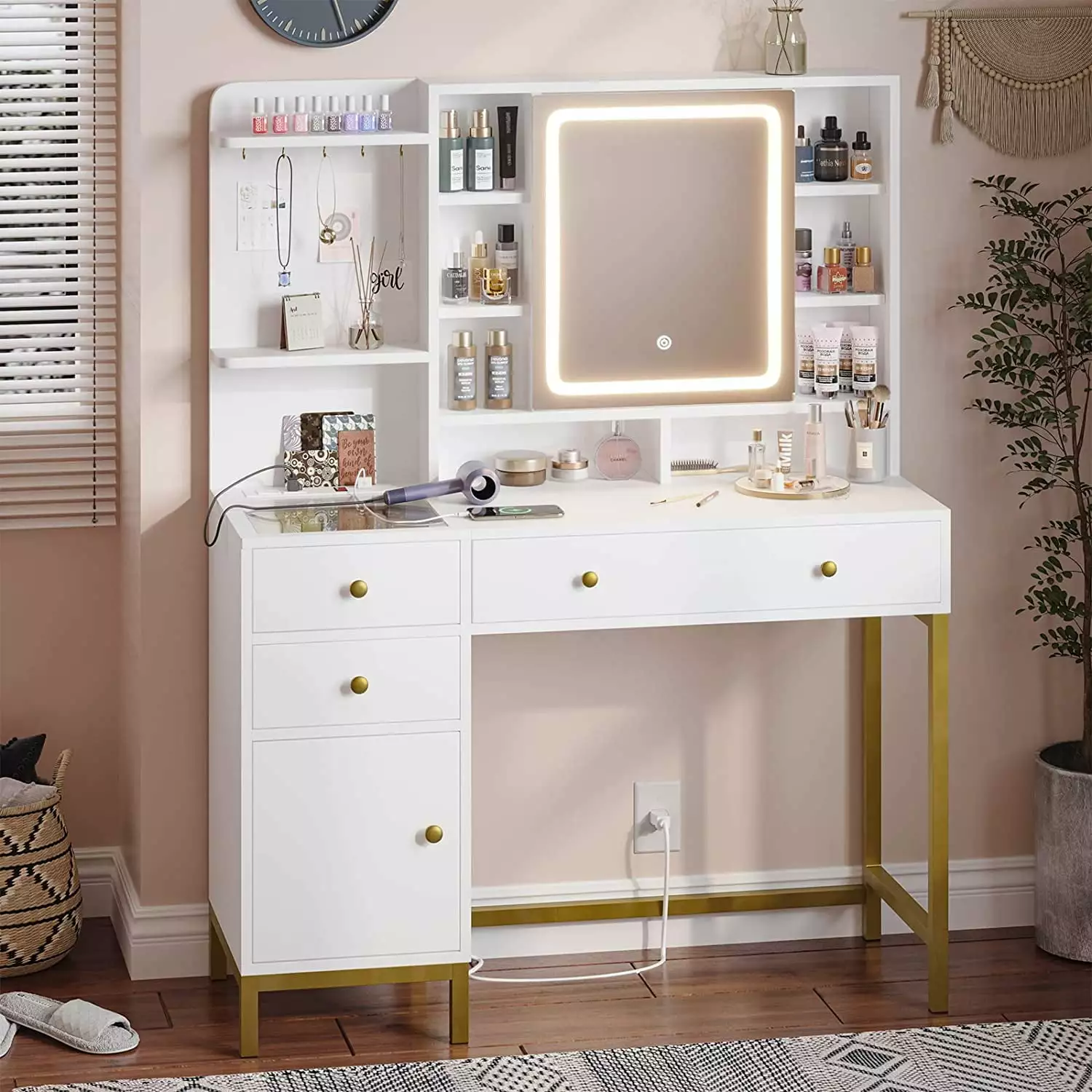 White Vanity Desk Mirror and Lights Charging Station Makeup and Dressing AOGLLATI